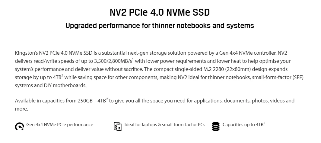 Kingston NV2 250GB M.2 2280 NVMe PCIe 4.0 Internal SSD Up to 3500 MB/s