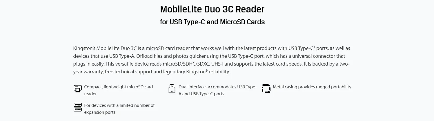 Kingston MobileLite Duo 3C Type-C & USB-A MicroSD Card Reader