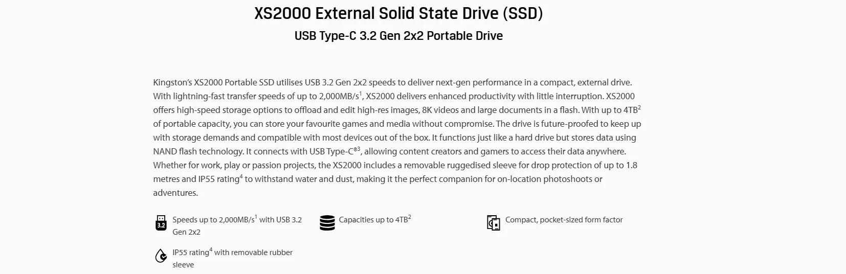 قرص SSD خارجي Kingston XS2000 سعة 1TB بحجم الجيب USB 3.2 Gen 2 Type-C