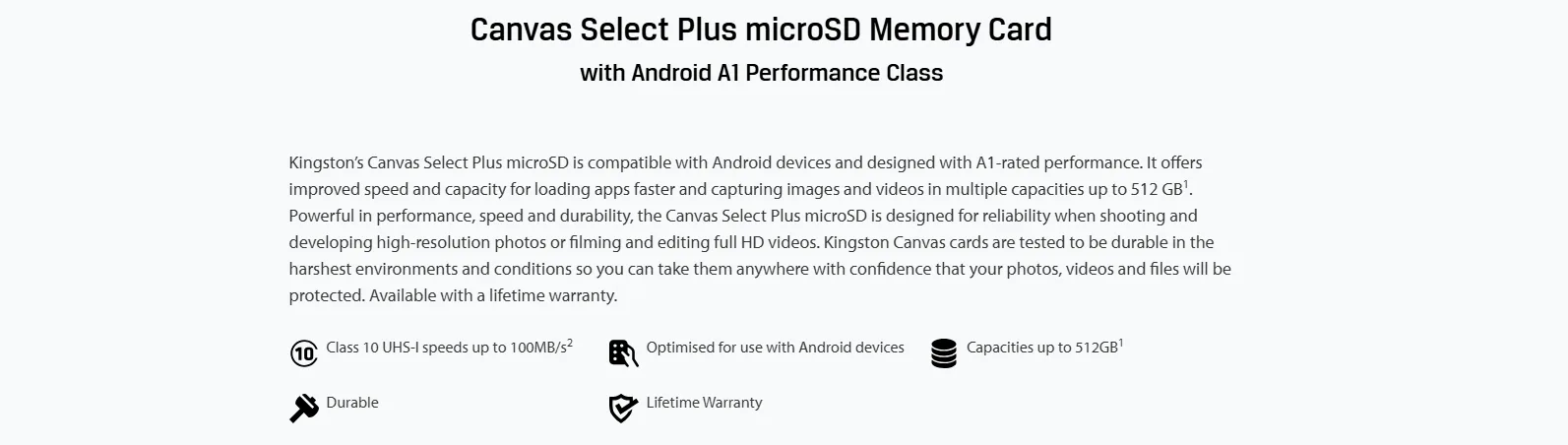 بطاقة ذاكرة MicroSD من Kingston Canvas Select Plus سعة 128GB فئة A1 C10 مع محوّل - SDCS2/128GB