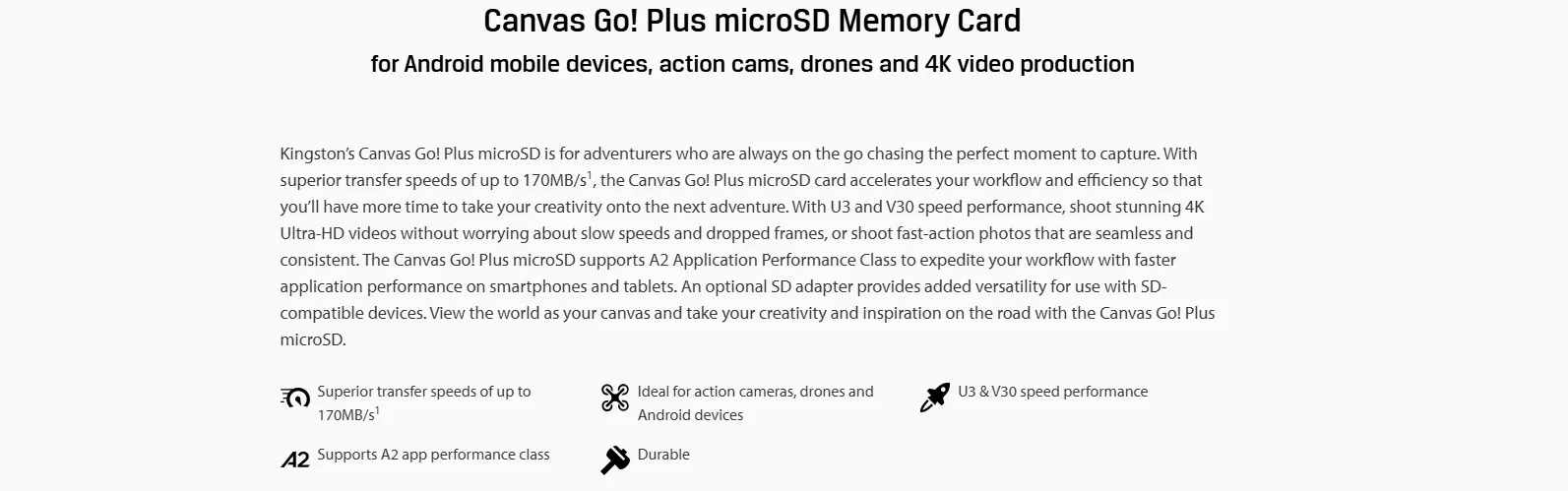 بطاقة ذاكرة MicroSDXC من Kingston Canvas Go Plus سعة 128GB بسرعة 170 ميجابايت/ث UHS-I A2 U3 V30 مع محوّل