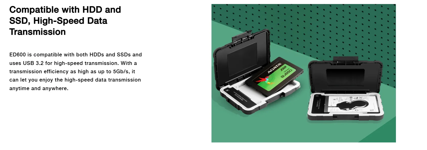 علبة هارد/SSD خارجية ADATA ED600 مقاس 2.5 بوصة بدون أدوات مقاومة للماء والغبار والصدمات IP54 بمنفذ USB 3.1