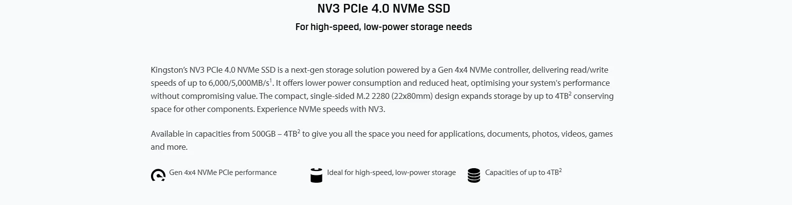 قرص SSD داخلي Kingston NV3 سعة 2TB نوع M.2 2280 NVMe PCIe 4.0 Gen 4x4 بسرعة حتى 6000 ميجابايت/ث