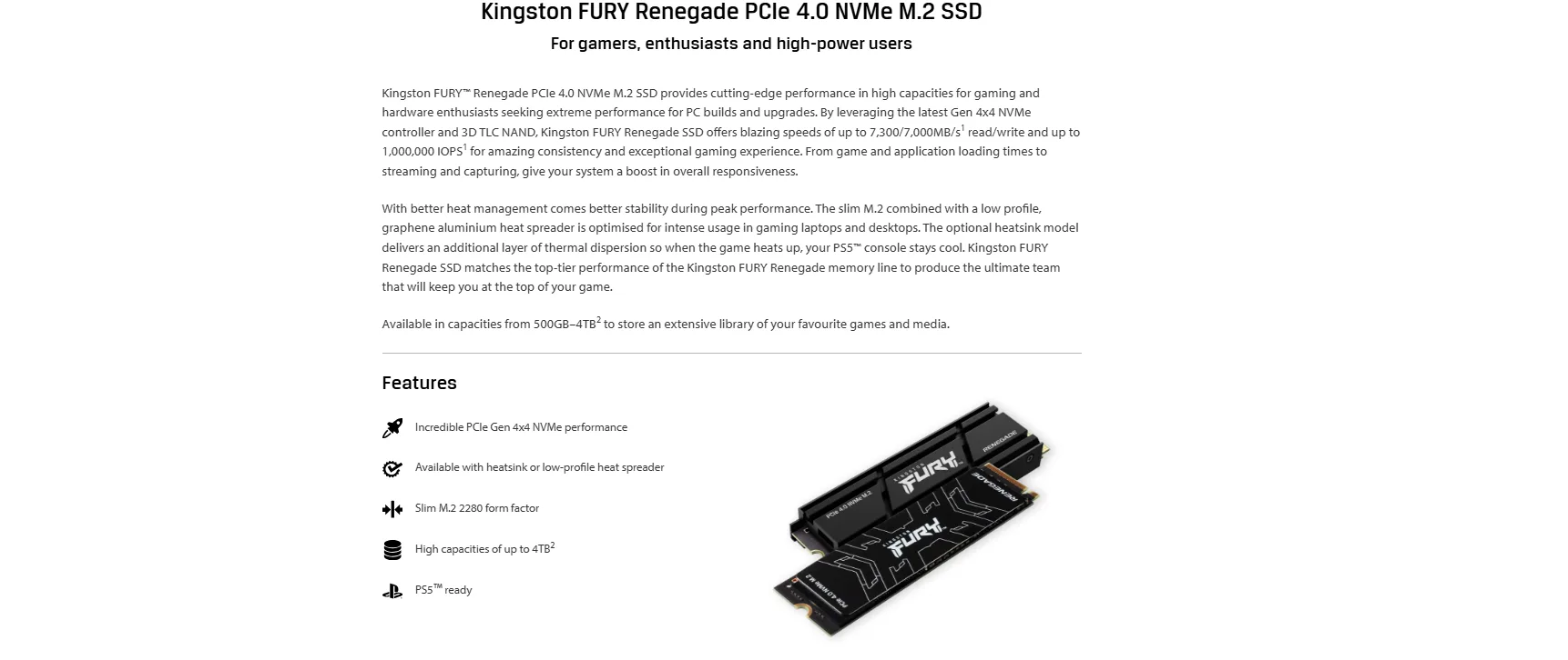 قرص SSD داخلي Kingston FURY Renegade سعة 500GB نوع M.2 NVMe PCIe 4.0 بسرعة حتى 7300 ميجابايت/ث