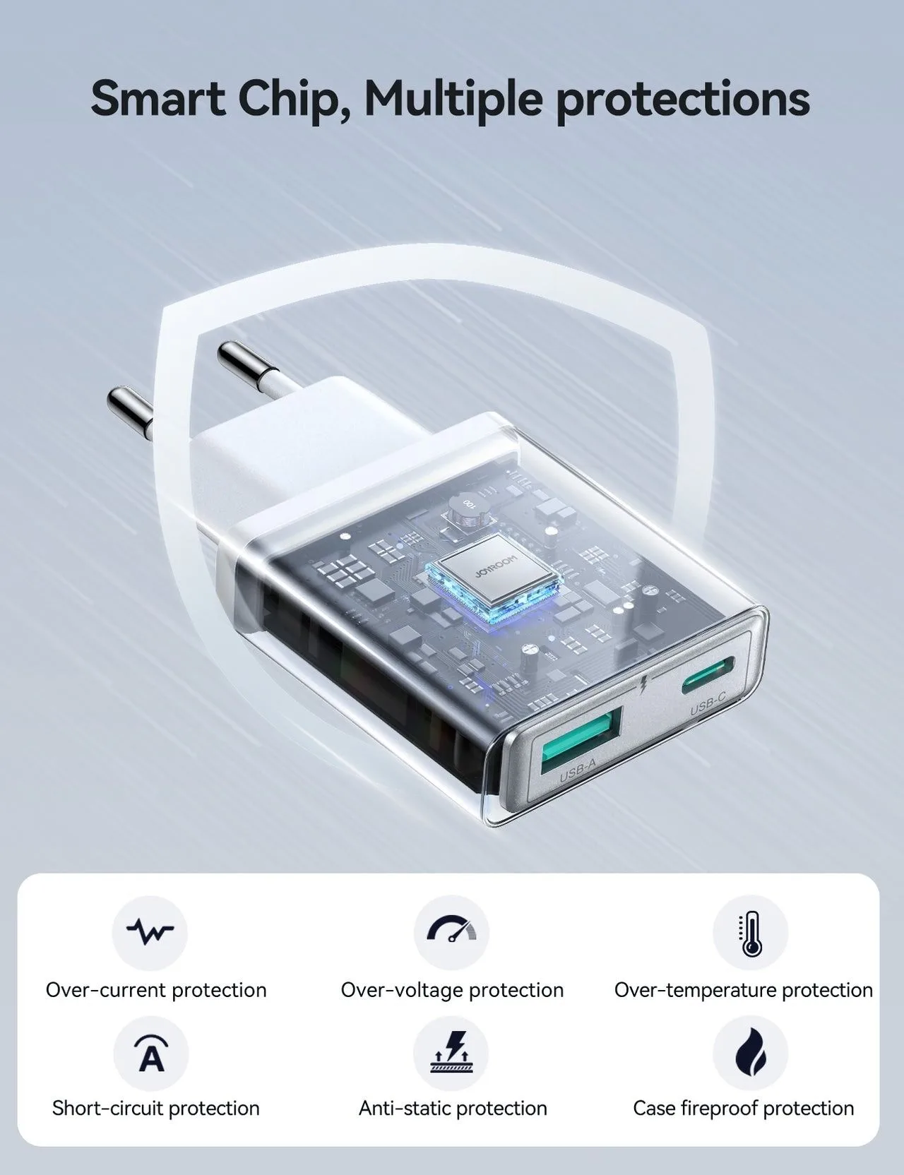 شاحن Joyroom نحيف جداً بمنفذي USB-C وUSB-A - قدرة 20 واط