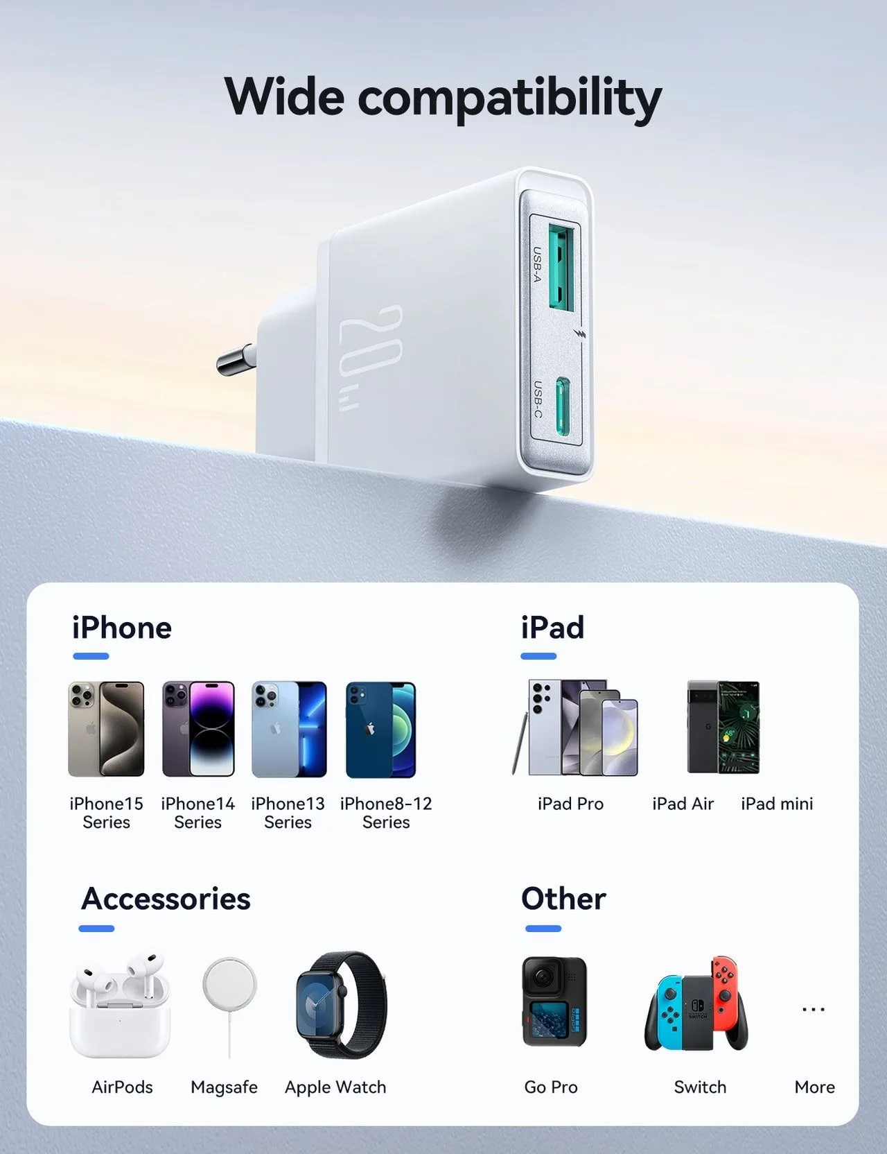 شاحن Joyroom نحيف جداً بمنفذي USB-C وUSB-A - قدرة 20 واط