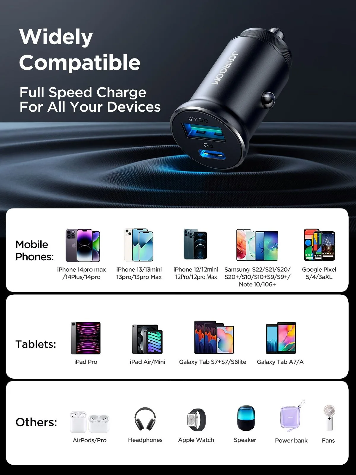 شاحن سيارة Joyroom معدني صغير بمنفذي USB-C وUSB-A - قدرة 30 واط