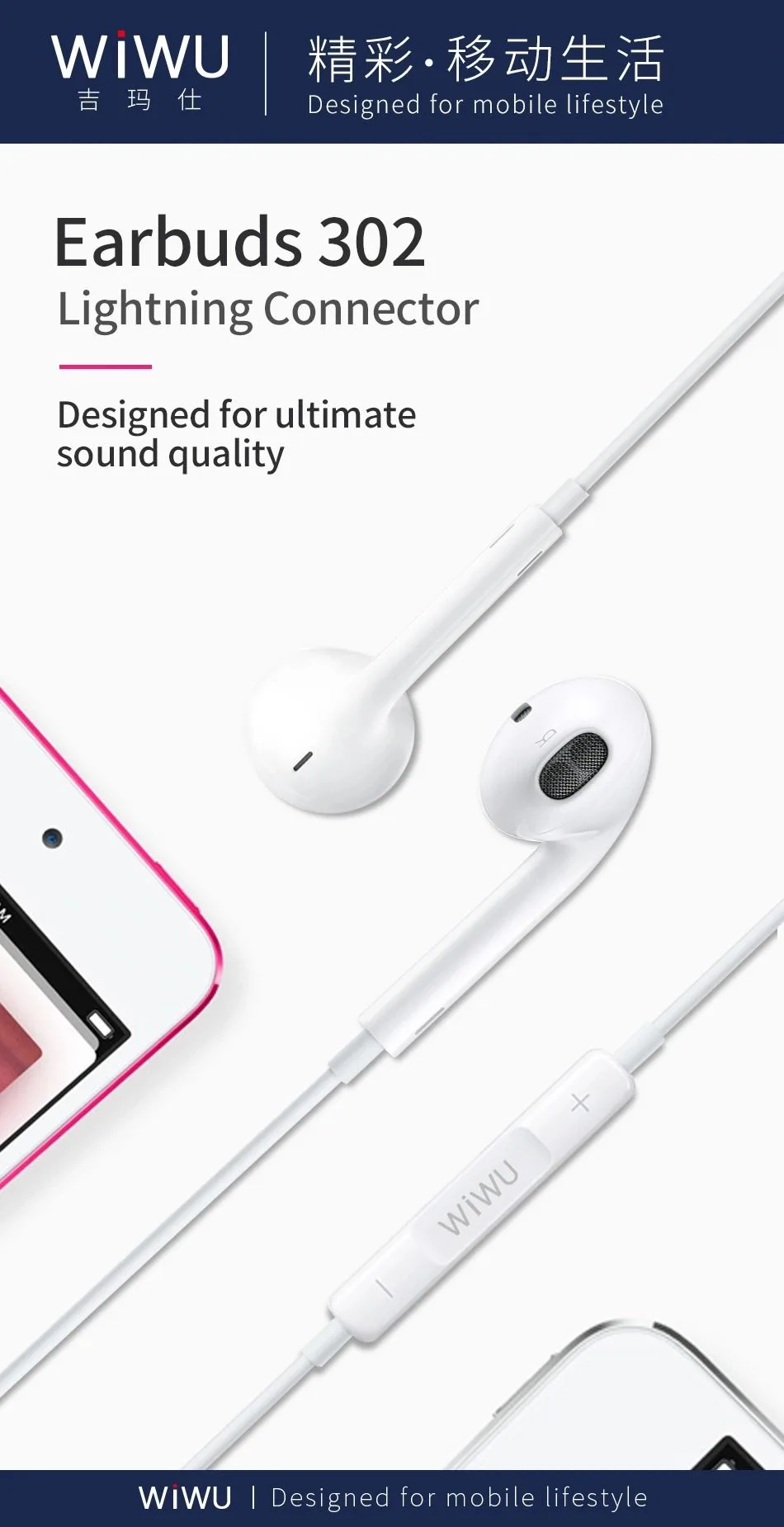 Wiwu Lightning Half-in-Ear Wired Headphone - White
