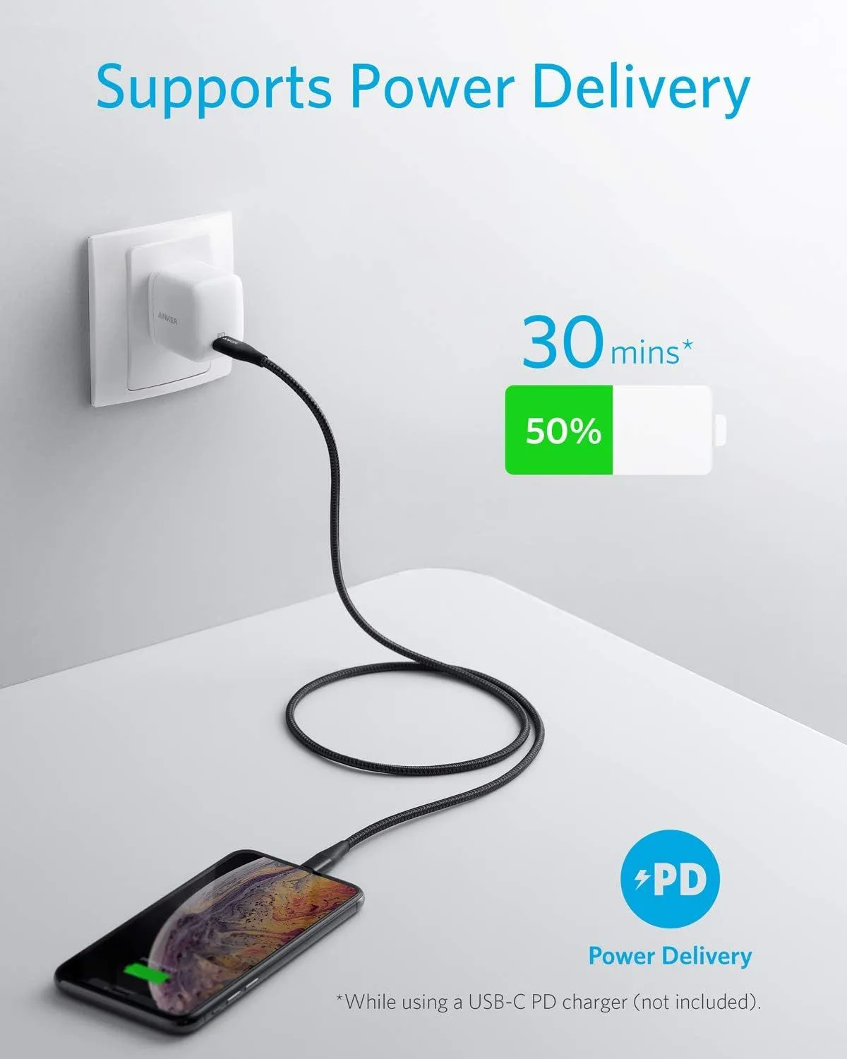 كابل Anker PowerLine+ II من USB-C إلى Lightning مجدول بالنايلون للشحن السريع - 1.8 متر