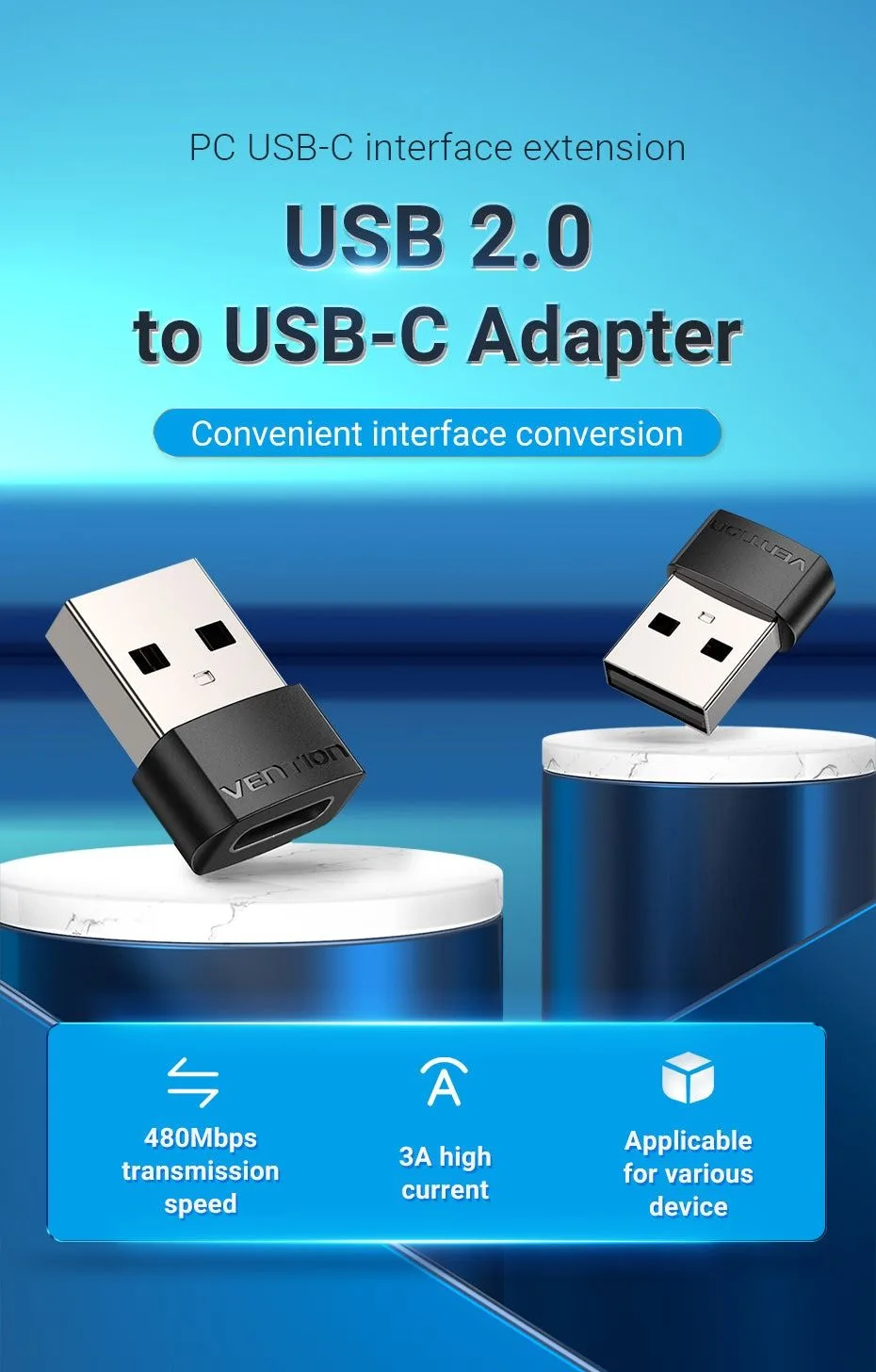 محوّل Vention من USB-A 2.0 ذكر إلى USB-C أنثى - CDWB0