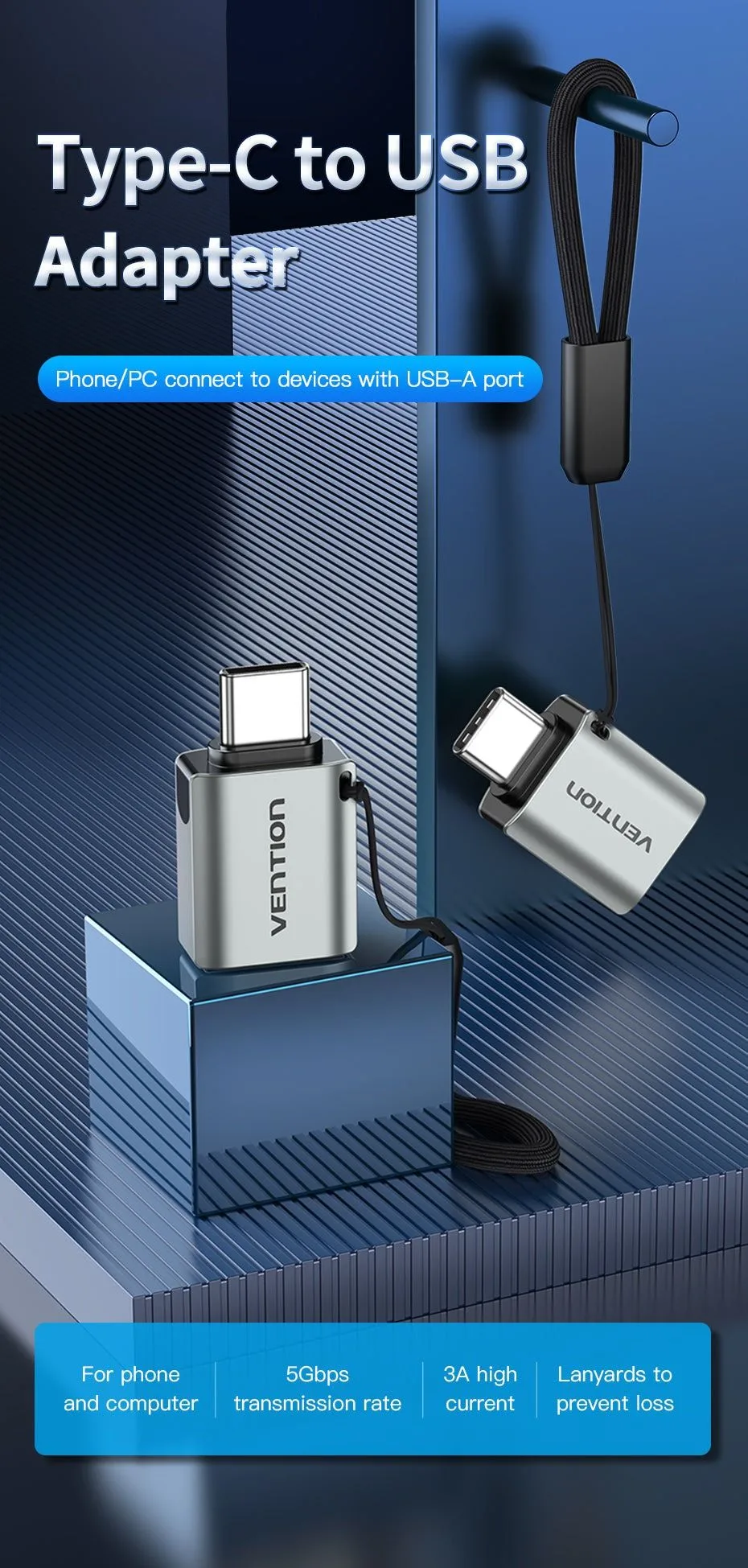 Vention USB-C Male to USB-A 3.0 Female OTG Adapter Gray Aluminum Alloy Type - CDQH0