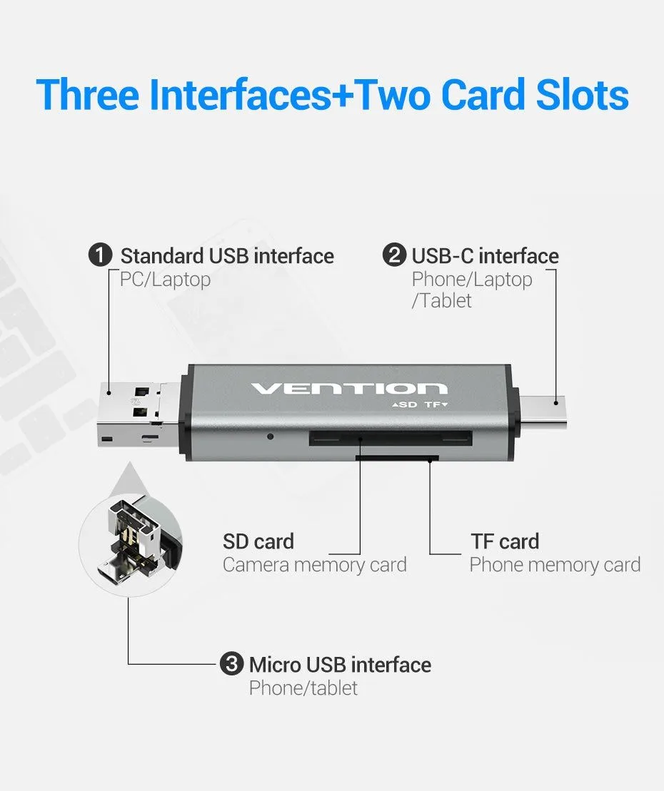 قارئ بطاقات معدني Vention بمنافذ USB-C وUSB-A وMicro USB - CCJH0