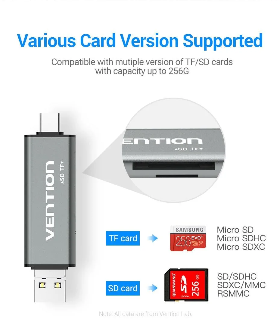 قارئ بطاقات معدني Vention بمنافذ USB-C وUSB-A وMicro USB - CCJH0