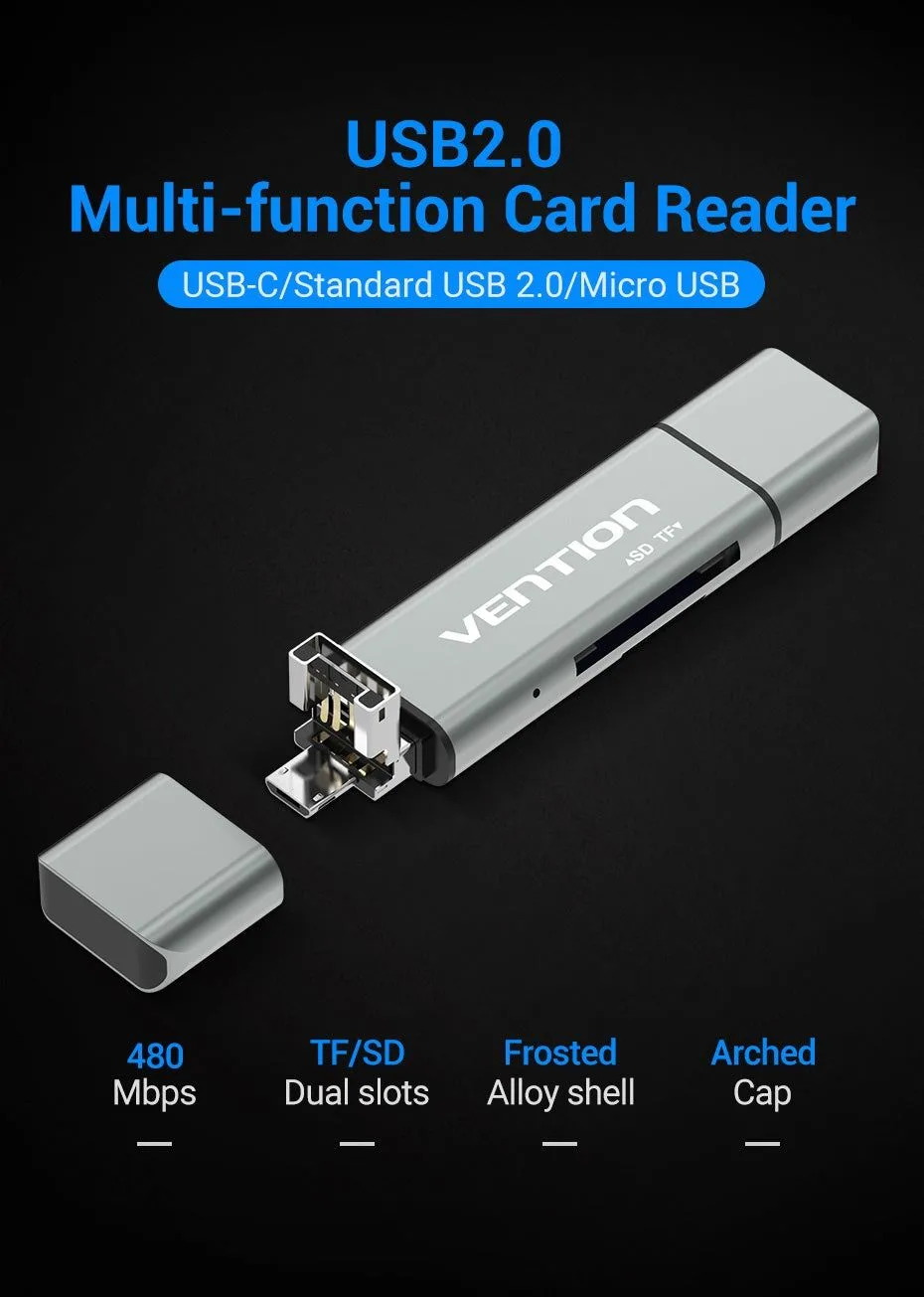 قارئ بطاقات معدني Vention بمنافذ USB-C وUSB-A وMicro USB - CCJH0