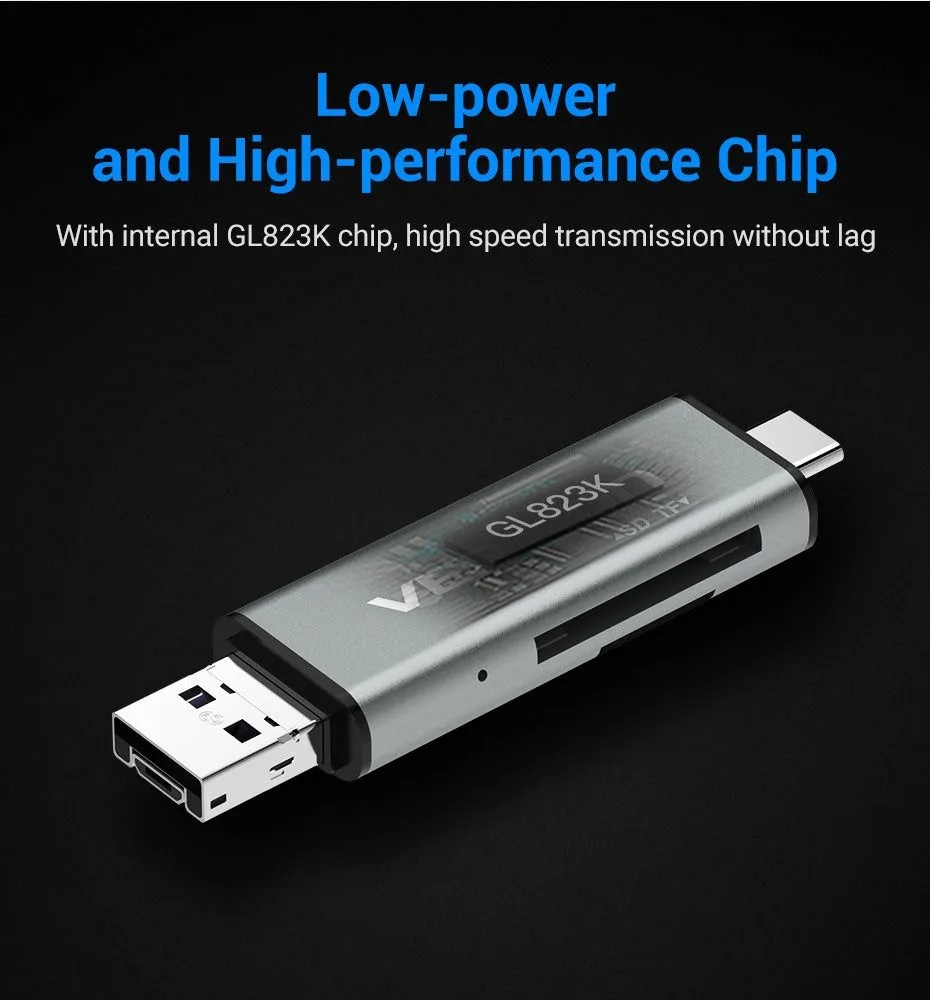 قارئ بطاقات معدني Vention بمنافذ USB-C وUSB-A وMicro USB - CCJH0