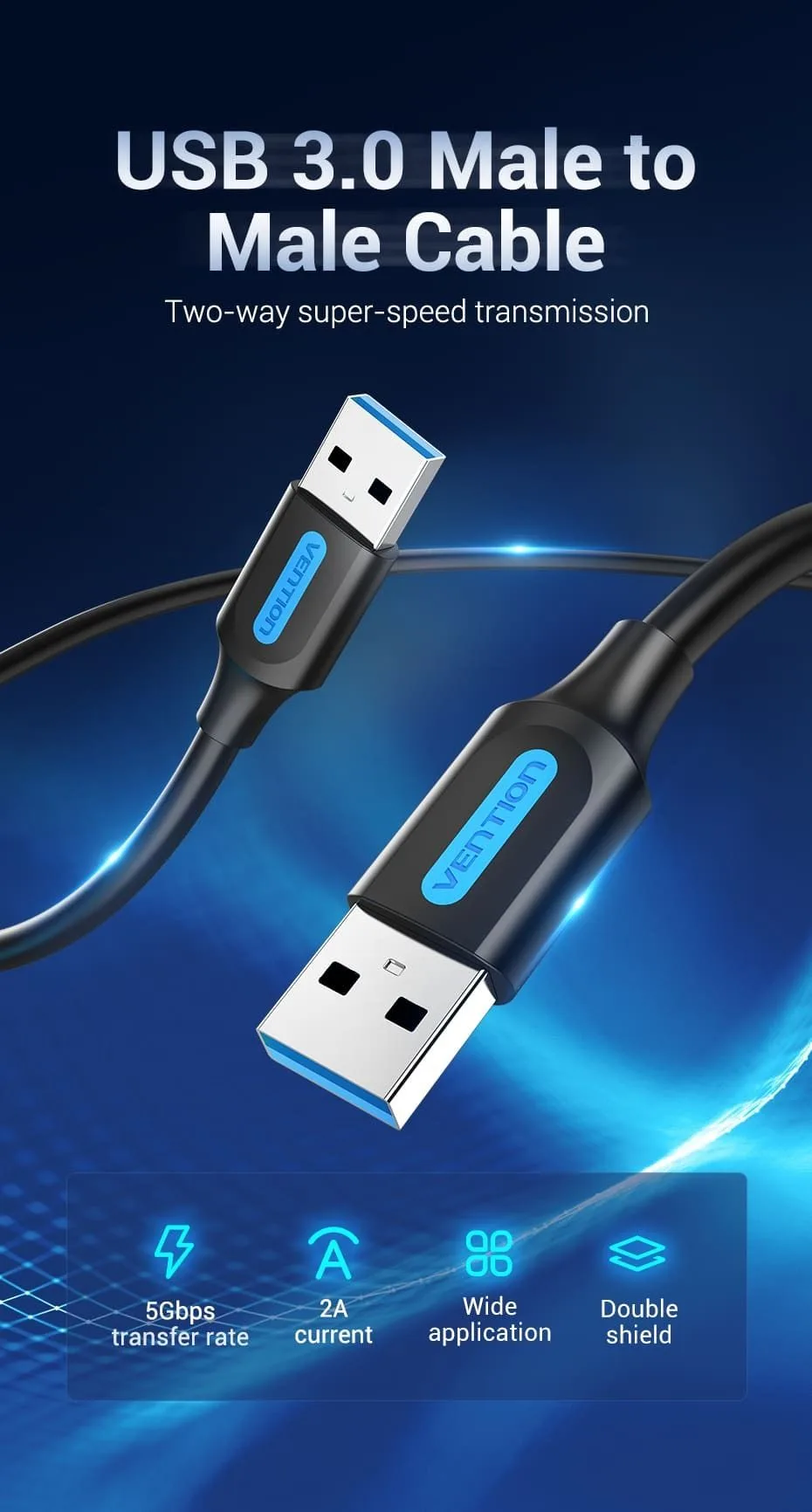 Vention USB-A 3.0 Male to USB-A Male Cable Black PVC Type - 2m - CONBH
