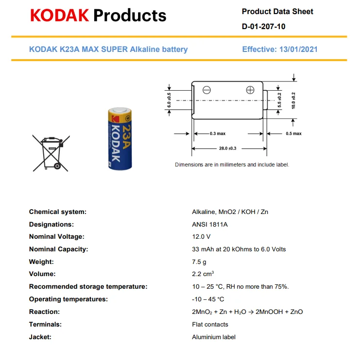 بطارية قلوية KODAK MAX 23A بجهد 12 فولت