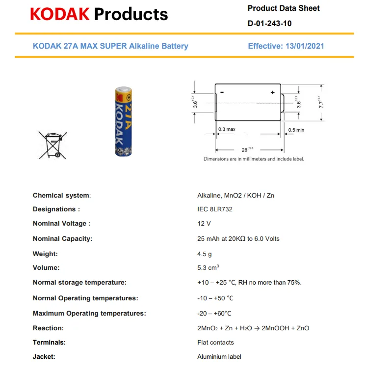 بطارية قلوية KODAK MAX 27A بجهد 12 فولت