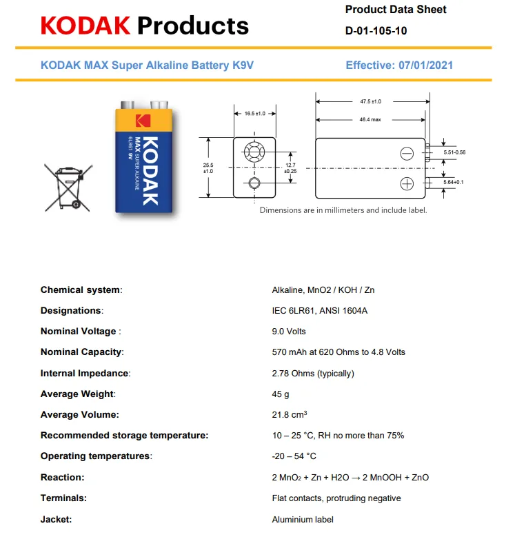 بطارية KODAK MAX Super Heavy Duty بجهد 9 فولت