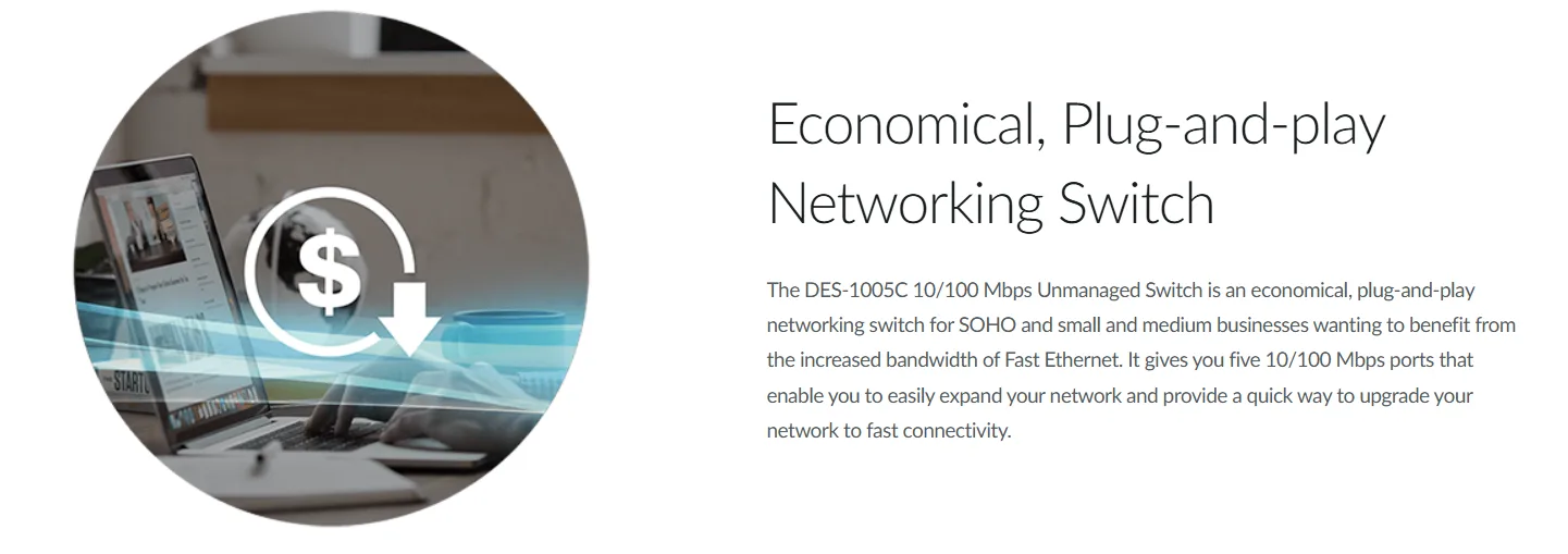 سويتش مكتبي D-Link DES-1005C بخمسة منافذ 10/100 ميجابت/ث
