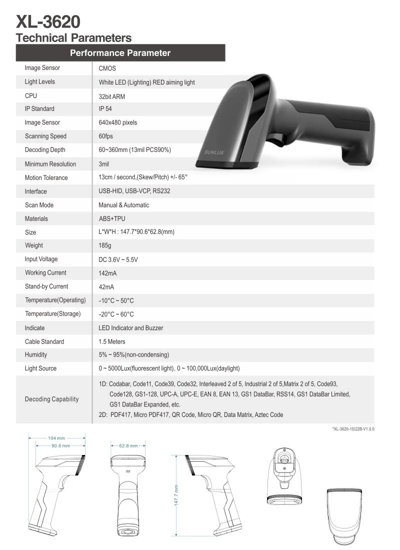 قارئ باركود يدوي ثنائي الأبعاد سلكي SUNLUX XL-3620