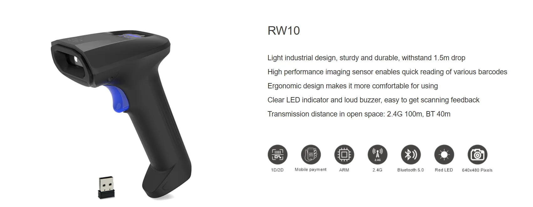 قارئ باركود ثنائي الأبعاد لاسلكي SUNLUX RW10