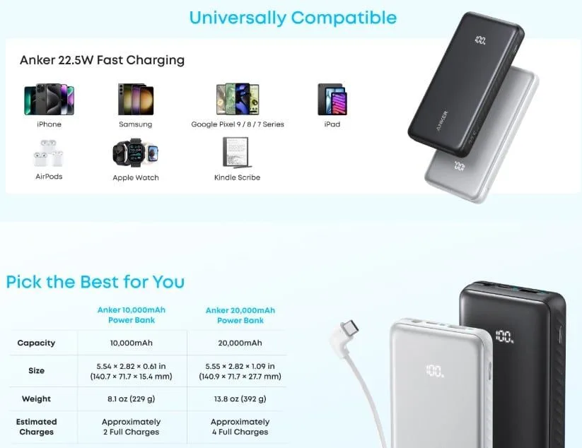 Anker Zolo Slim Power Bank with Built-in USB-C Cable - 10K, 22.5W