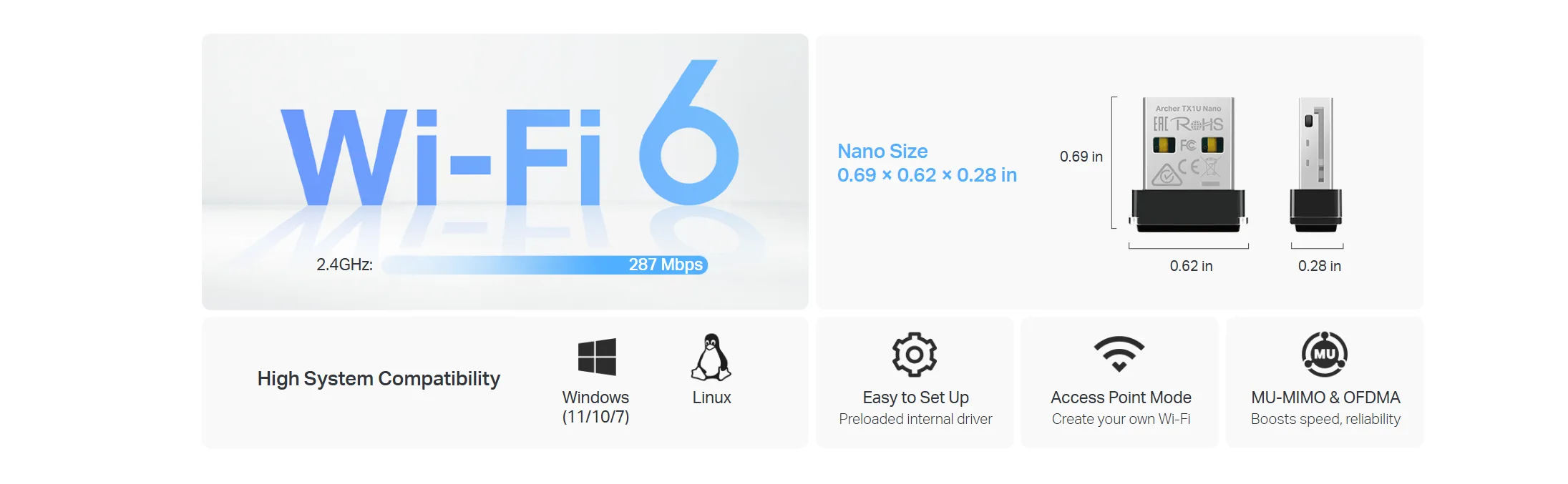 محوّل USB لاسلكي صغير TP-Link Archer TX1U Nano بتقنية Wi-Fi 6 AX300