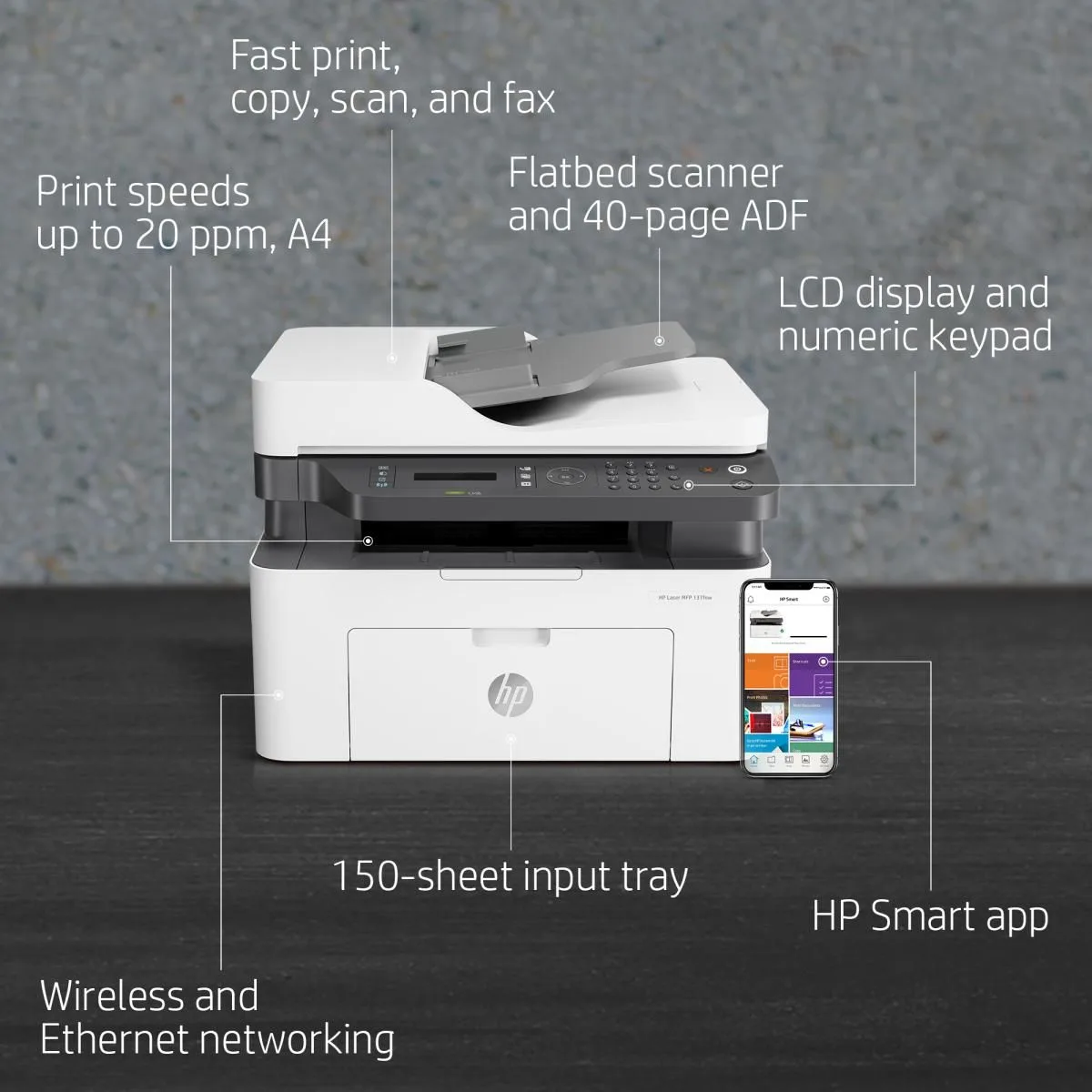 طابعة ليزر HP LaserJet MFP 137fnw متعددة الوظائف 4 في 1 - أبيض وأسود - 4ZB84A