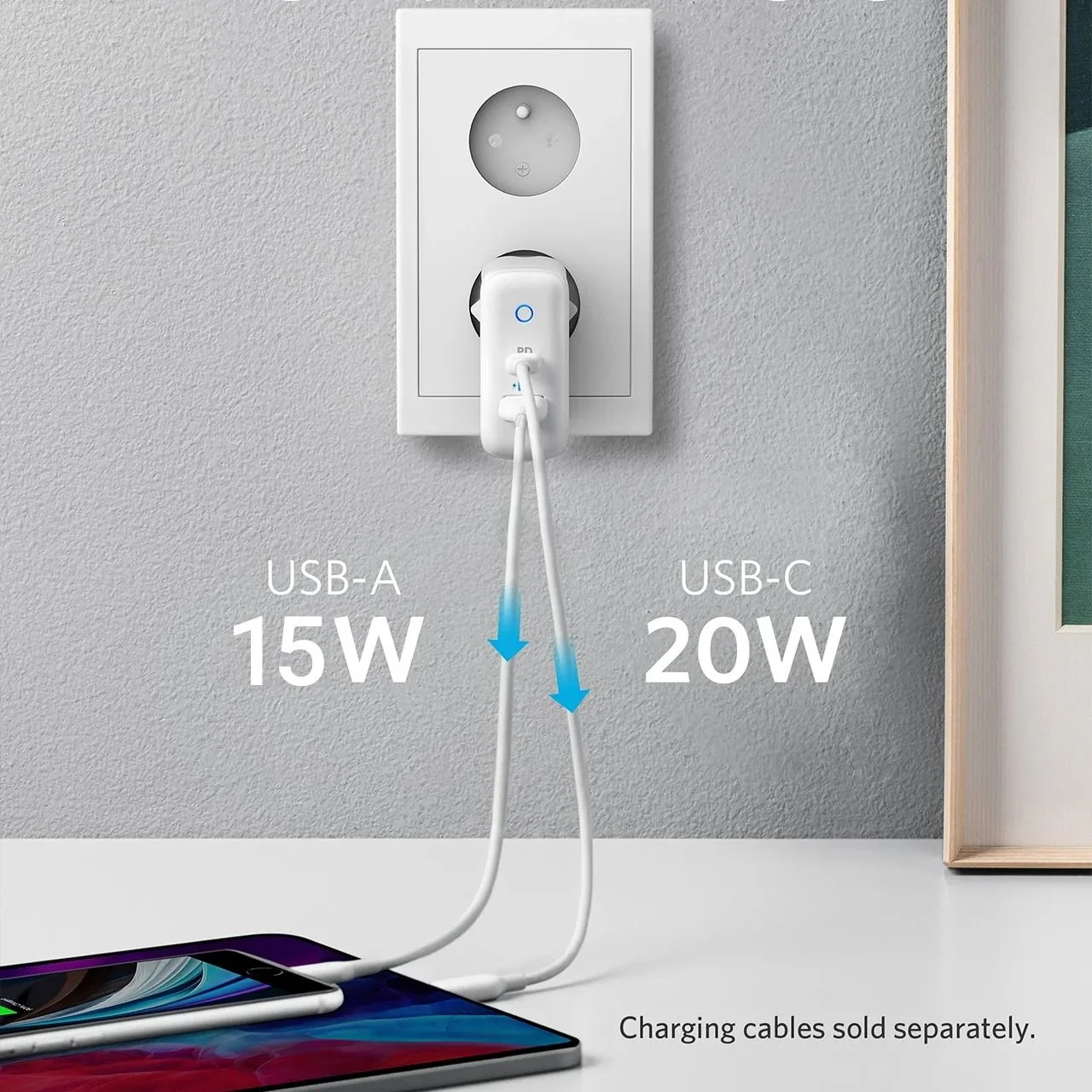 شاحن Anker PowerPort PD+2 بمنفذي USB-C وUSB-A - قدرة 35 واط