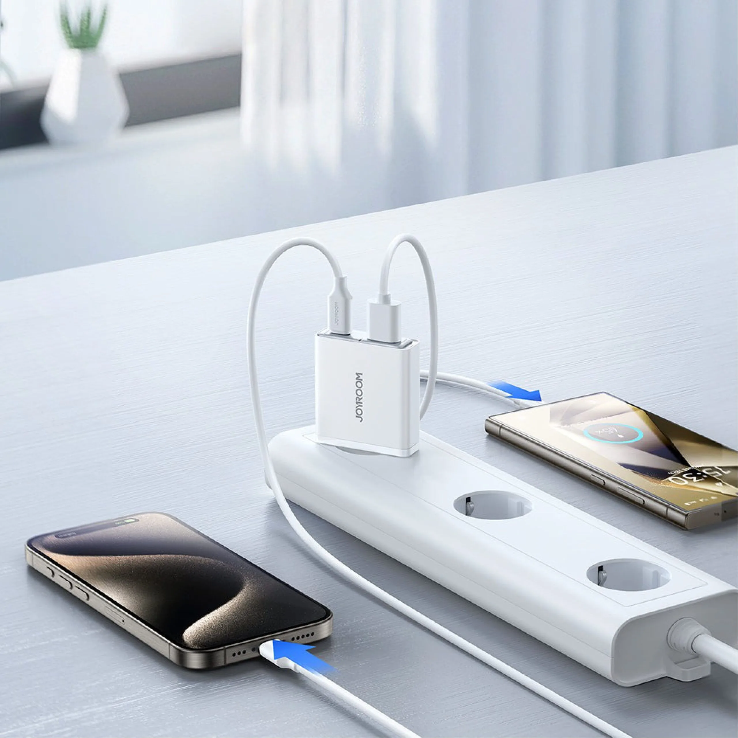 شاحن Joyroom نحيف جداً بمنفذي USB-C وUSB-A - قدرة 20 واط