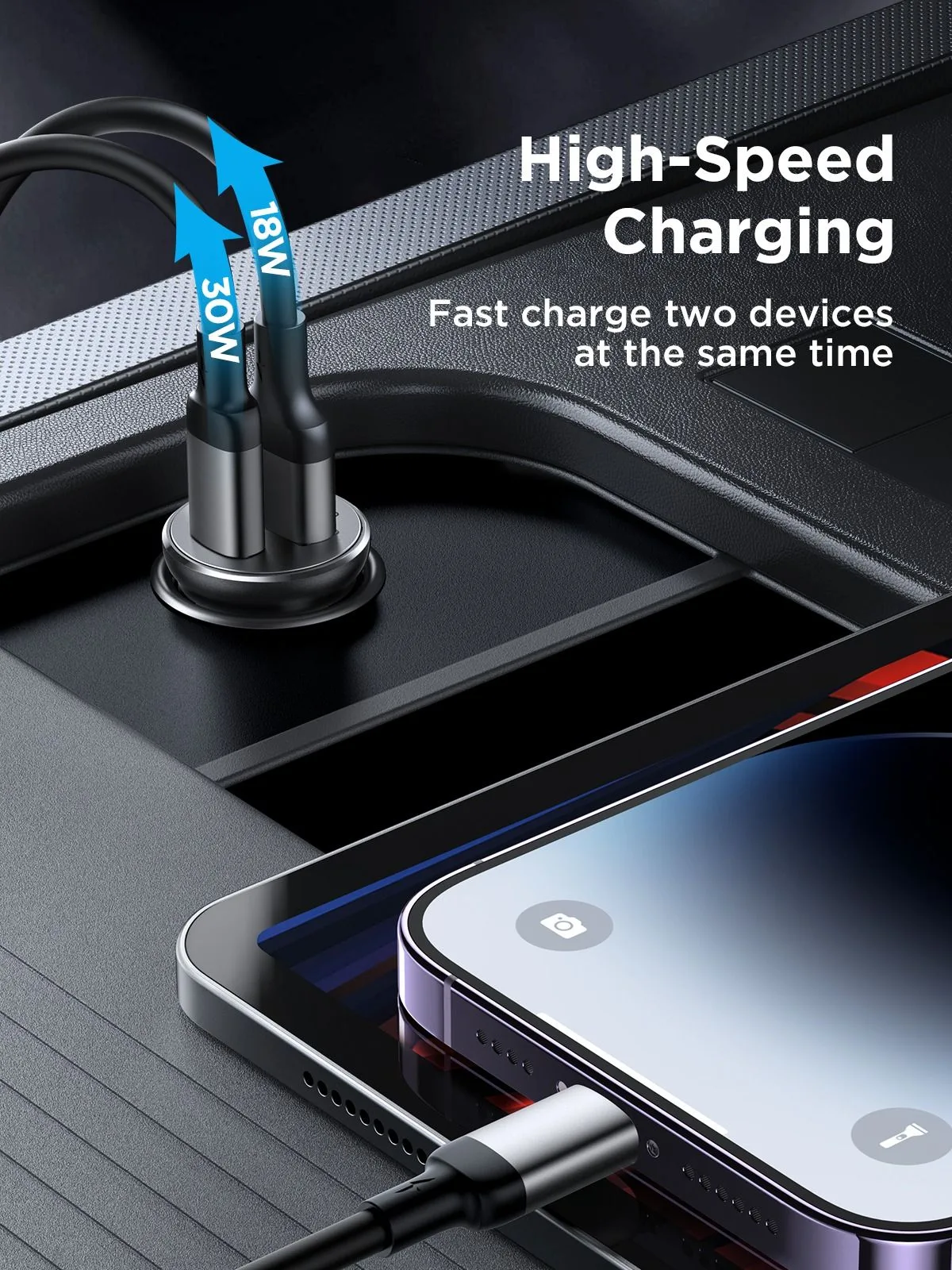 شاحن سيارة Joyroom معدني صغير بمنفذي USB-C وUSB-A - قدرة 30 واط