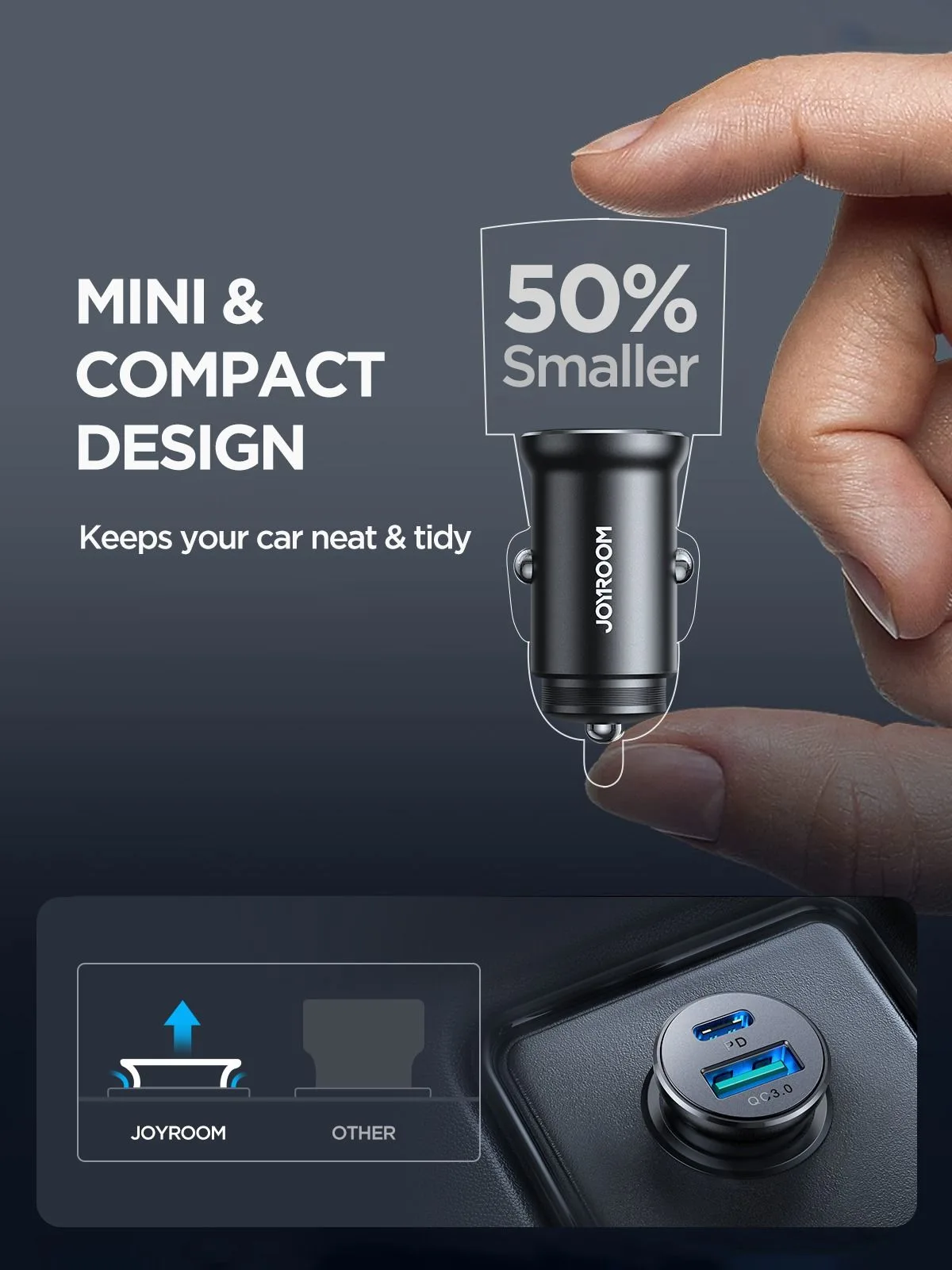 شاحن سيارة Joyroom معدني صغير بمنفذي USB-C وUSB-A - قدرة 30 واط