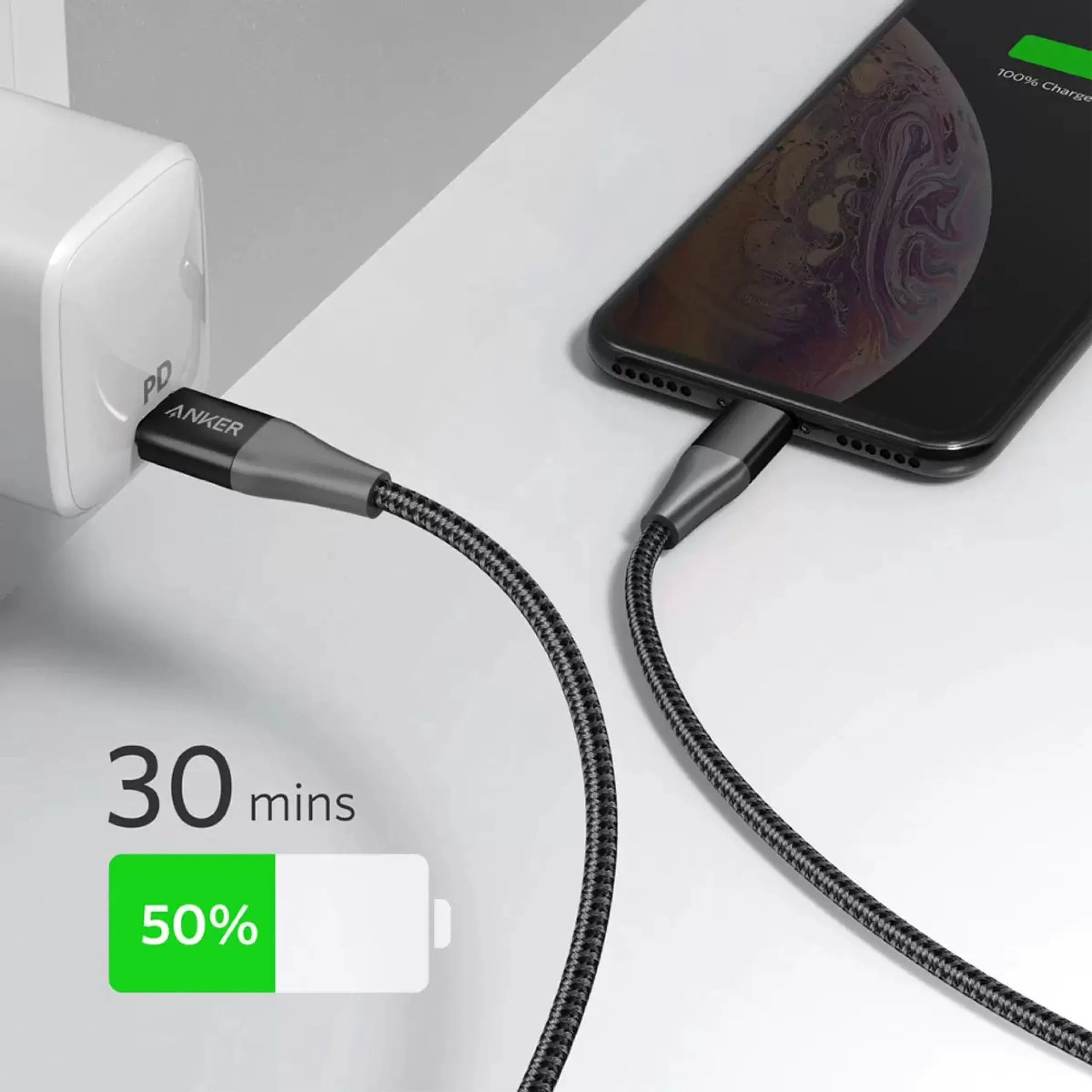 كابل Anker PowerLine+ II من USB-C إلى Lightning مجدول بالنايلون للشحن السريع - 0.9 متر