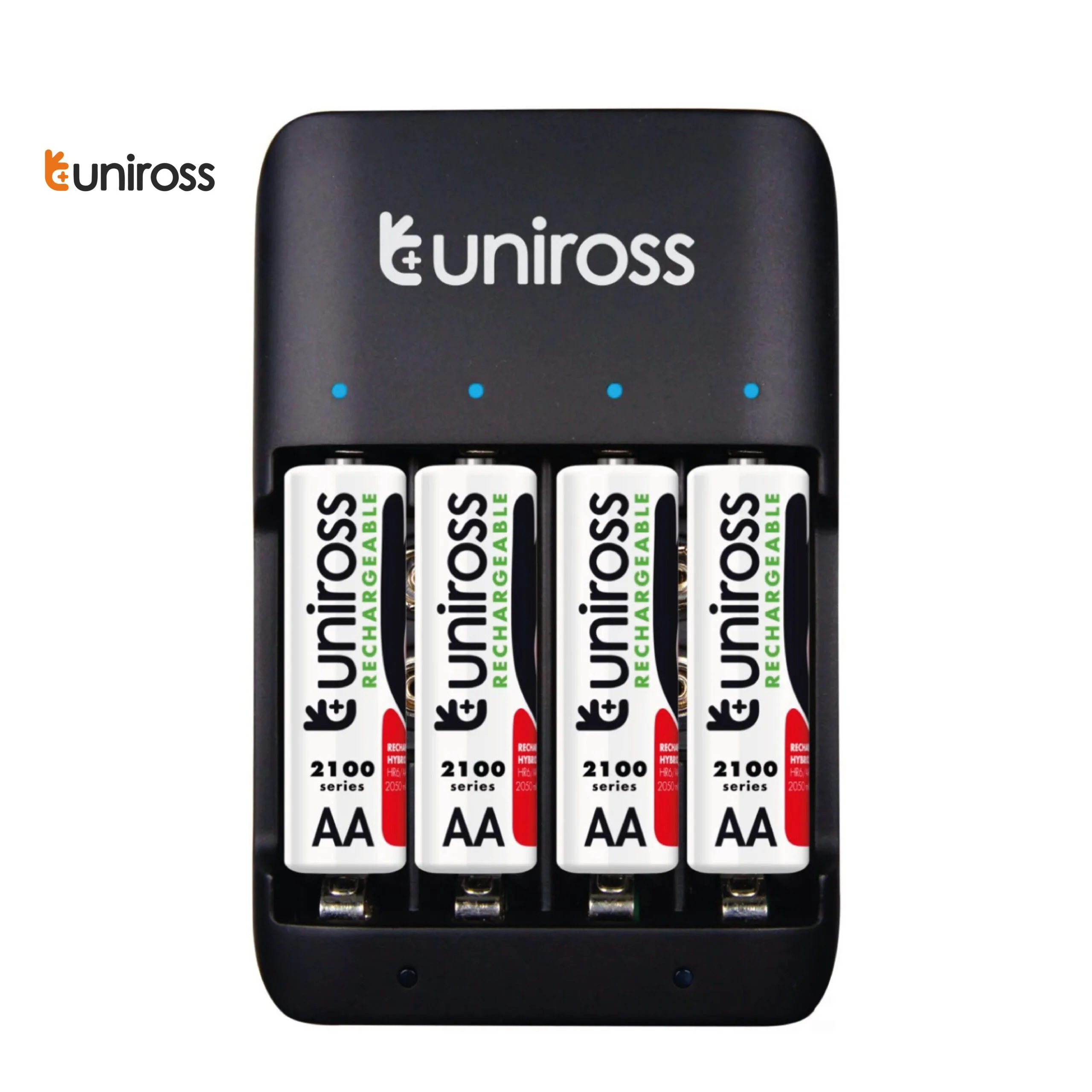 شاحن بطاريات Uniross Super Compact مع 4 بطاريات AA قابلة للشحن NiMH