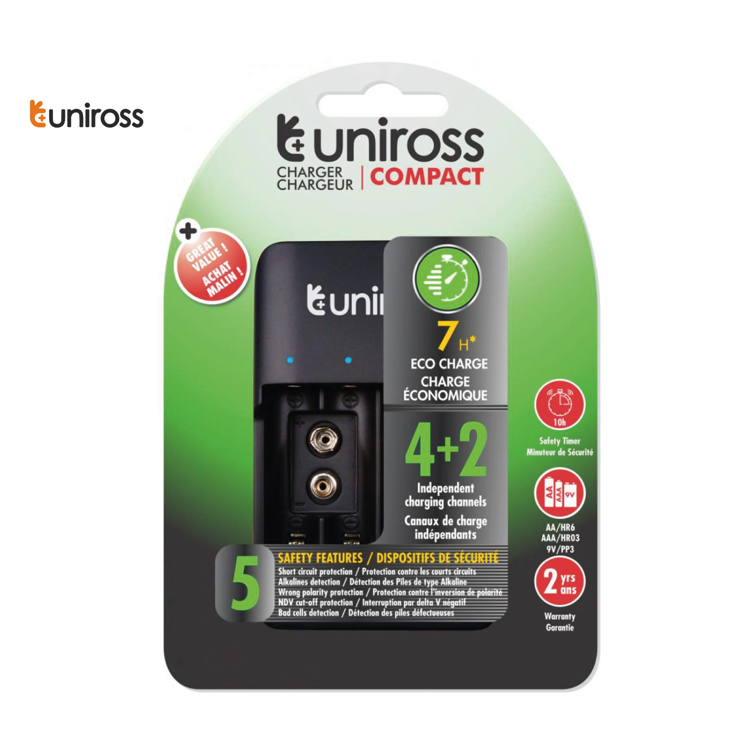 شاحن بطاريات Uniross Super Compact مع 4 بطاريات AA قابلة للشحن NiMH