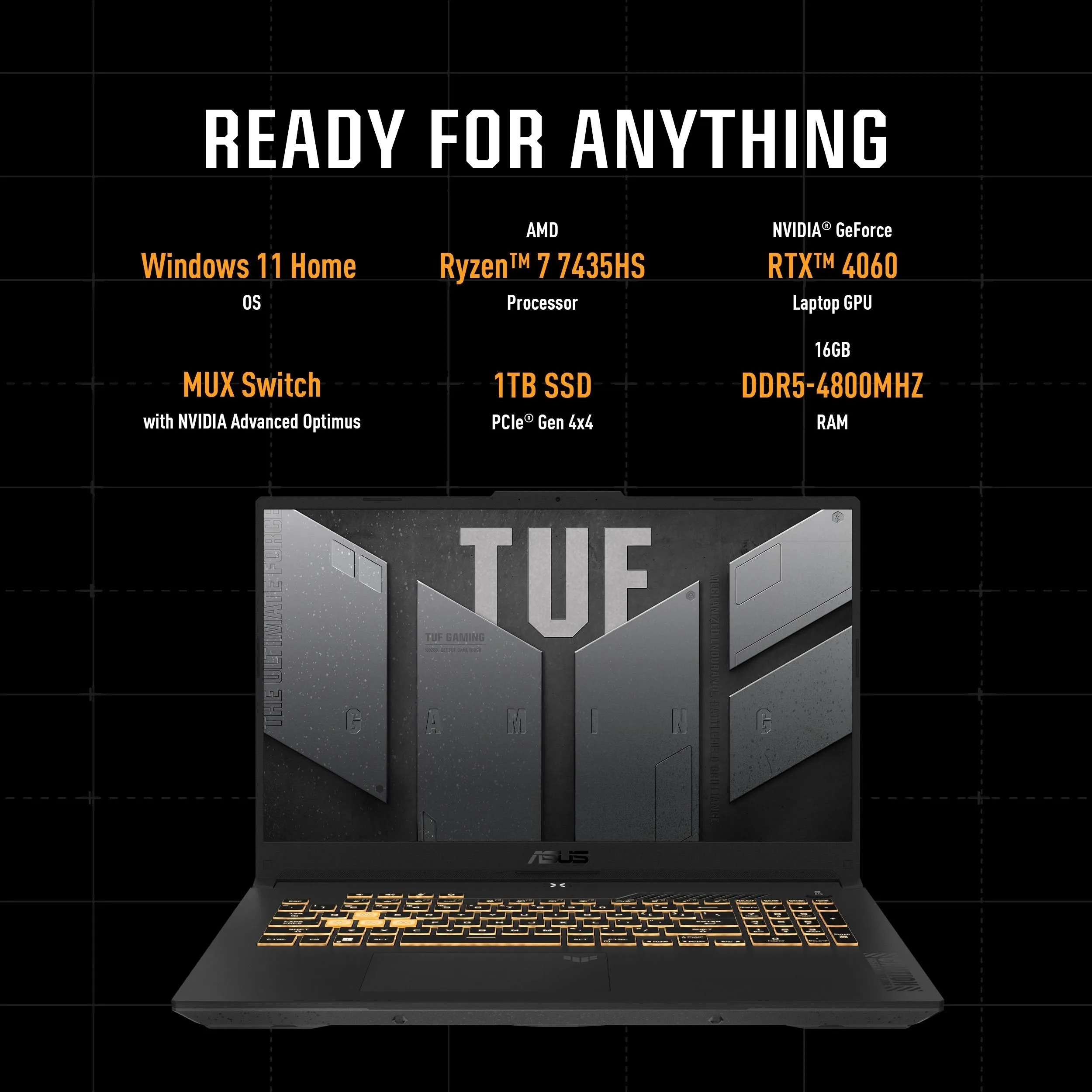لابتوب ألعاب ASUS TUF Gaming A15 FA507NVR-LP129 بمعالج AMD Ryzen 7، كرت Nvidia RTX 4060 8GB، رام 16GB DDR5، SSD NVMe سعة