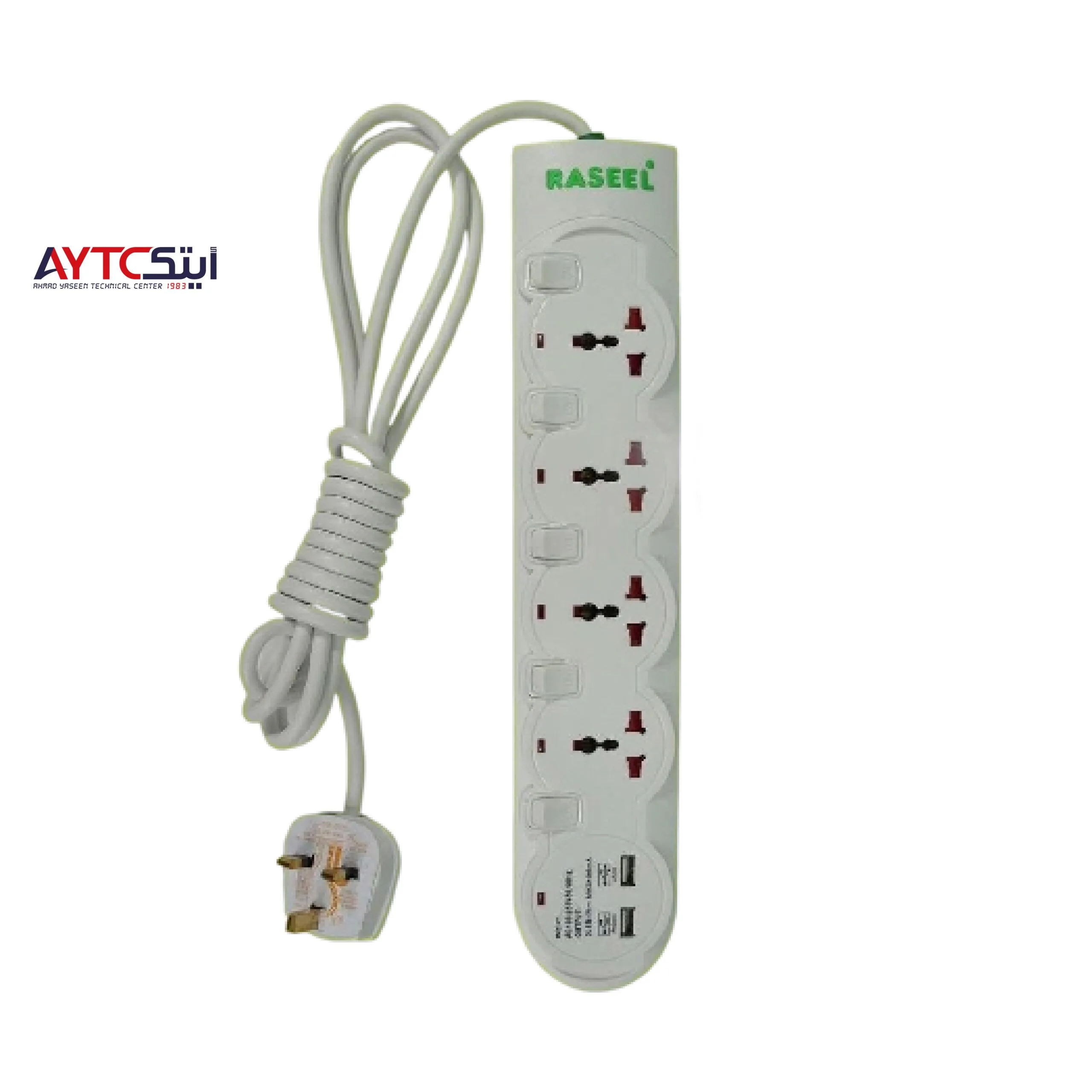 مشترك كهرباء Raseel MK بأربعة مقابس عالمية 13 أمبير ومنفذي USB-A - طول 3 أمتار
