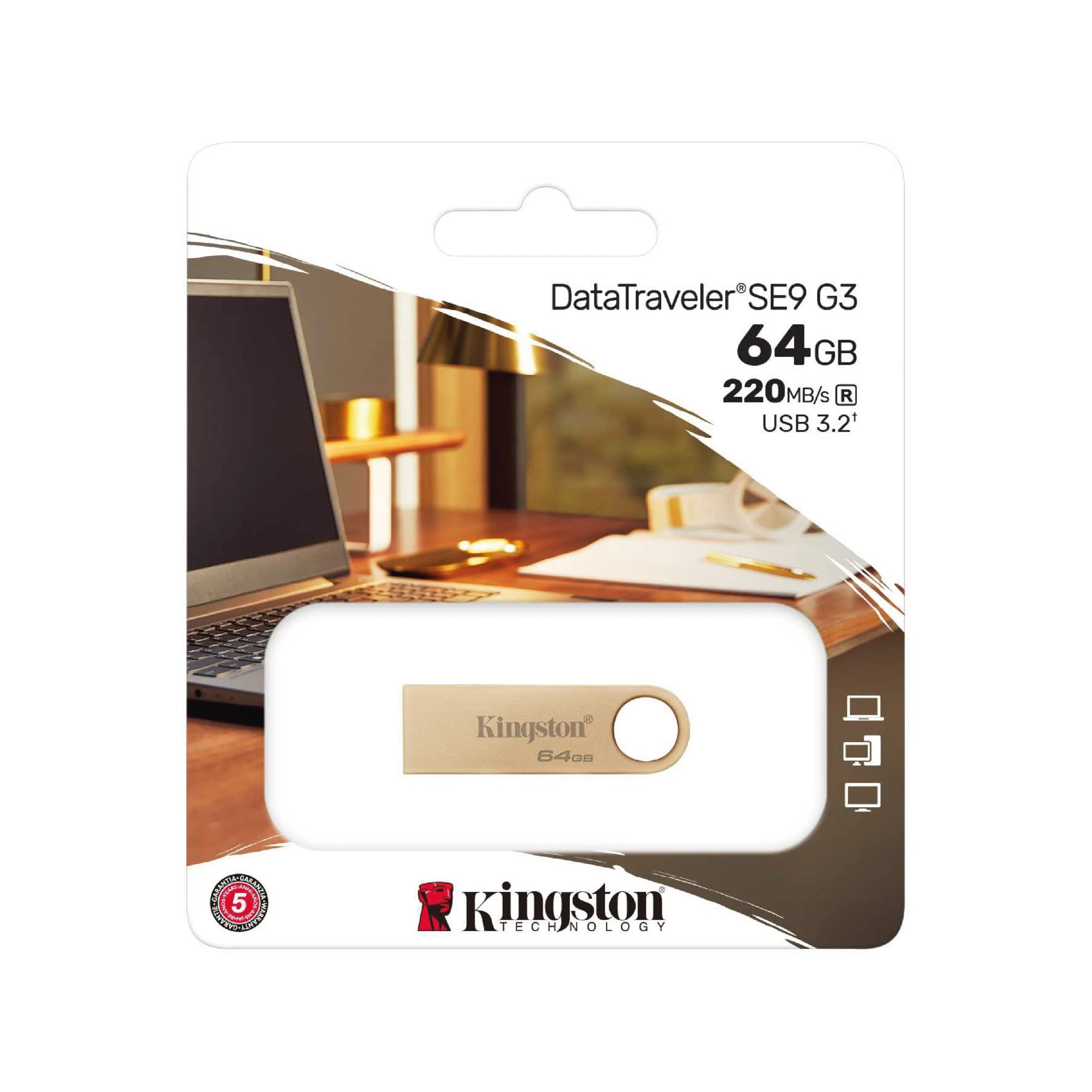فلاشة Kingston DataTraveler SE9 G3 سعة 64GB بمنفذ USB-A 3.2 - معدنية ذهبية