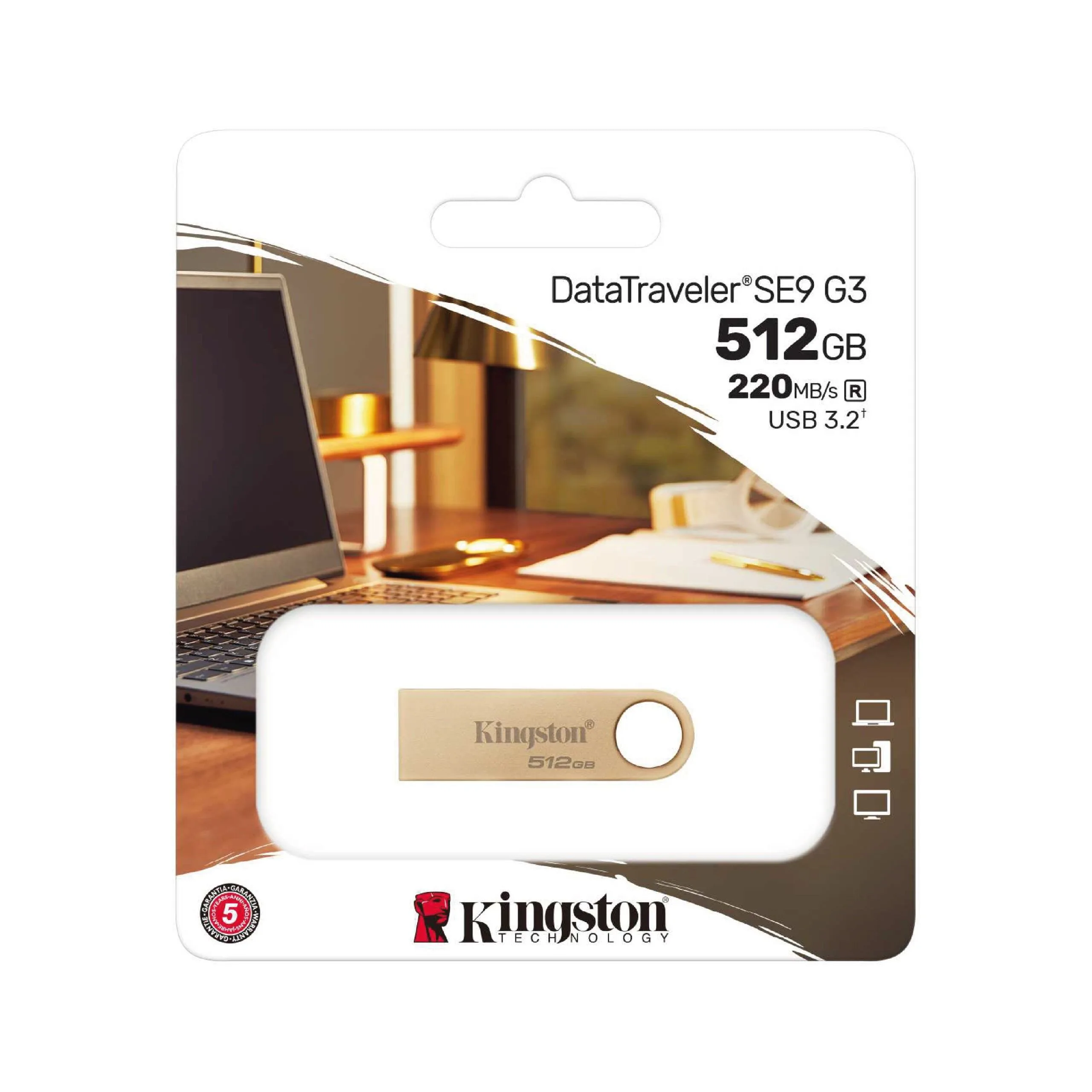 فلاشة Kingston DataTraveler SE9 G3 سعة 512GB بمنفذ USB-A 3.2 - معدنية ذهبية