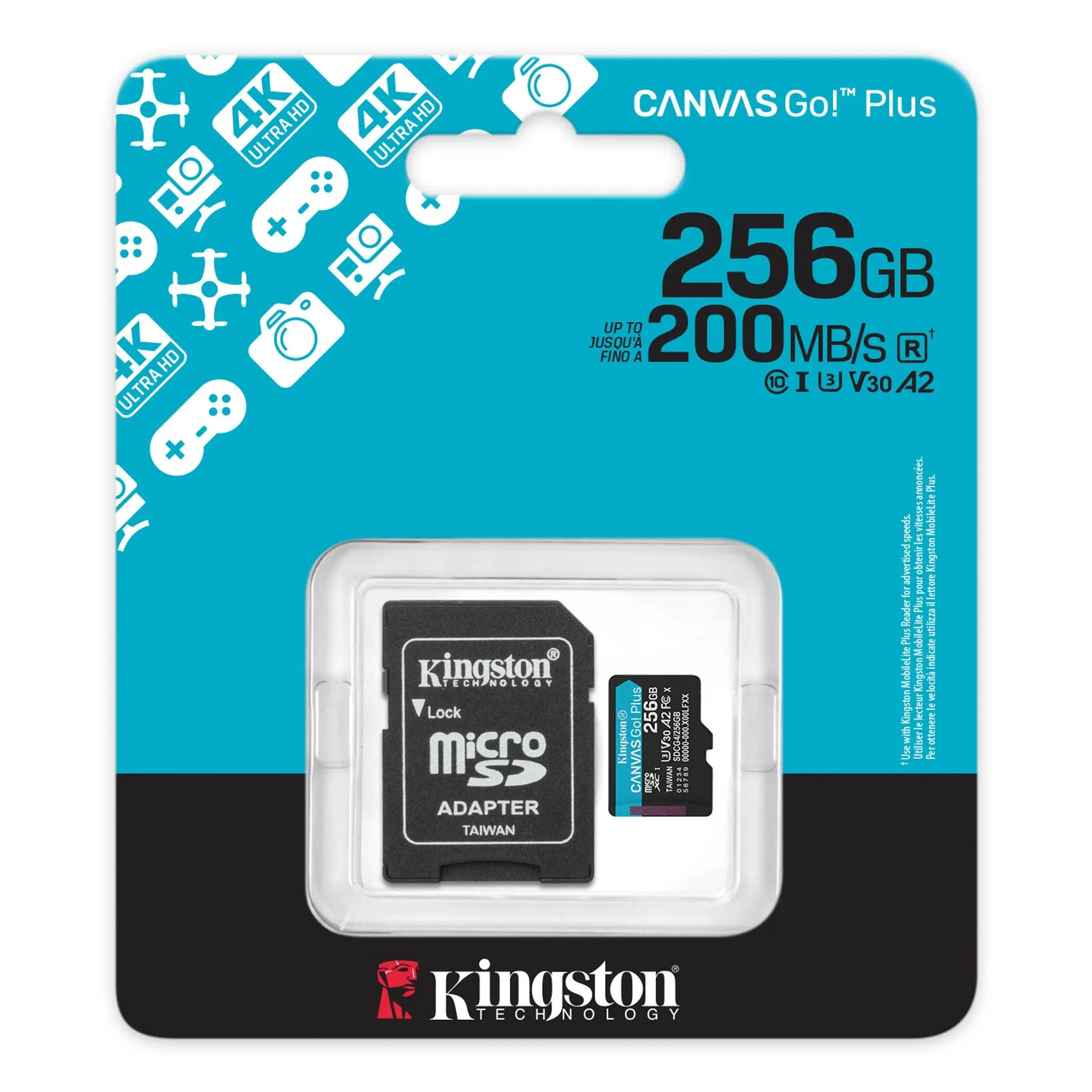 بطاقة ذاكرة MicroSDXC من Kingston Canvas Go! Plus سعة 256GB بسرعة 200 ميجابايت/ث UHS-I U3 V30 A2 مع محوّل