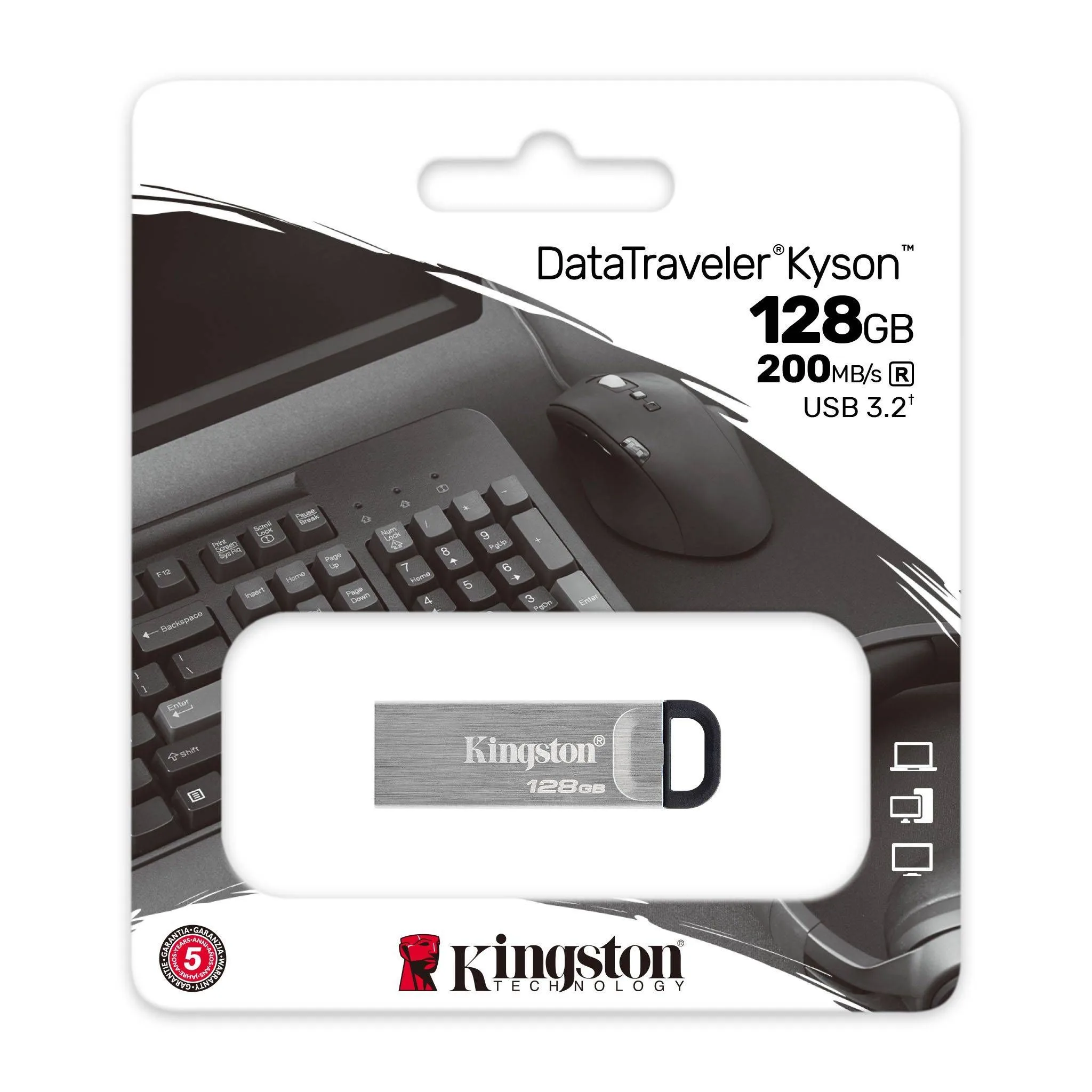 فلاشة Kingston DataTraveler Kyson سعة 128GB بمنفذ USB-A 3.2 - هيكل فولاذي فضي