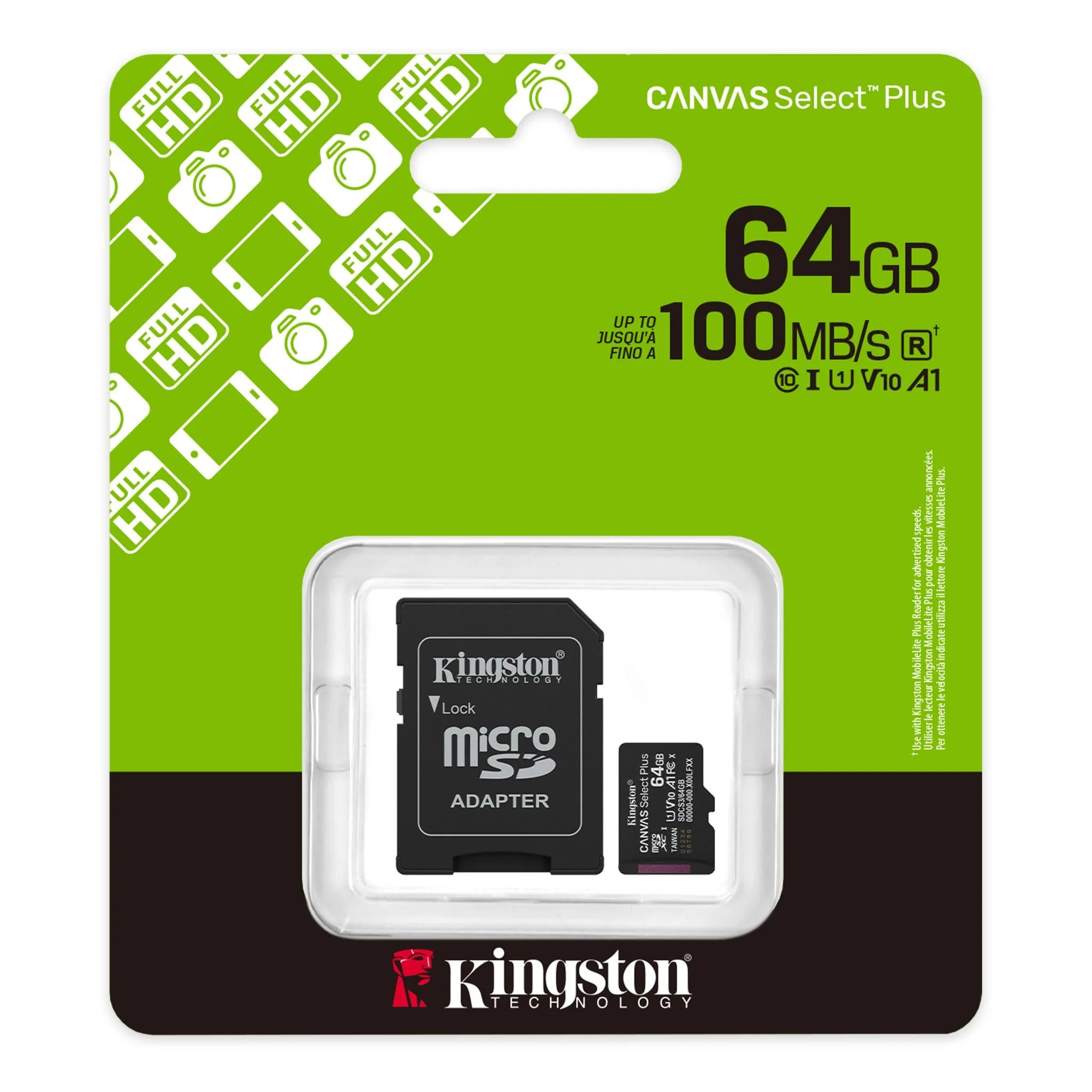 بطاقة ذاكرة MicroSD من Kingston Canvas Select Plus سعة 64GB بسرعة 100 ميجابايت/ث A1 C10 UHS-I مع محوّل - SDCS3/64GB