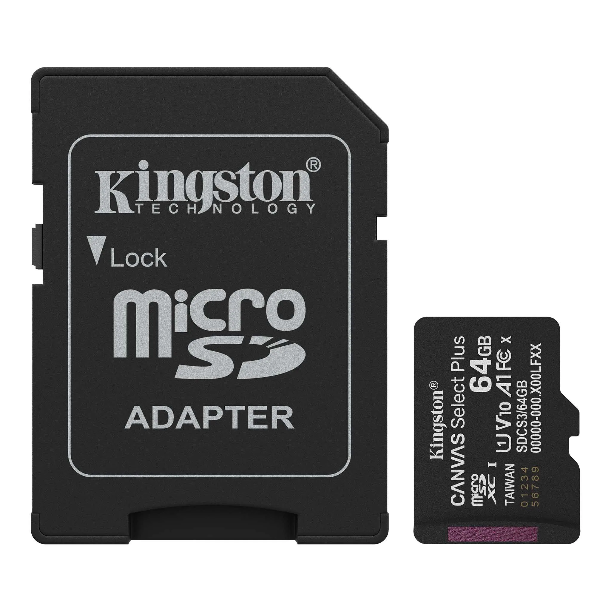 بطاقة ذاكرة MicroSD من Kingston Canvas Select Plus سعة 64GB بسرعة 100 ميجابايت/ث A1 C10 UHS-I مع محوّل - SDCS3/64GB