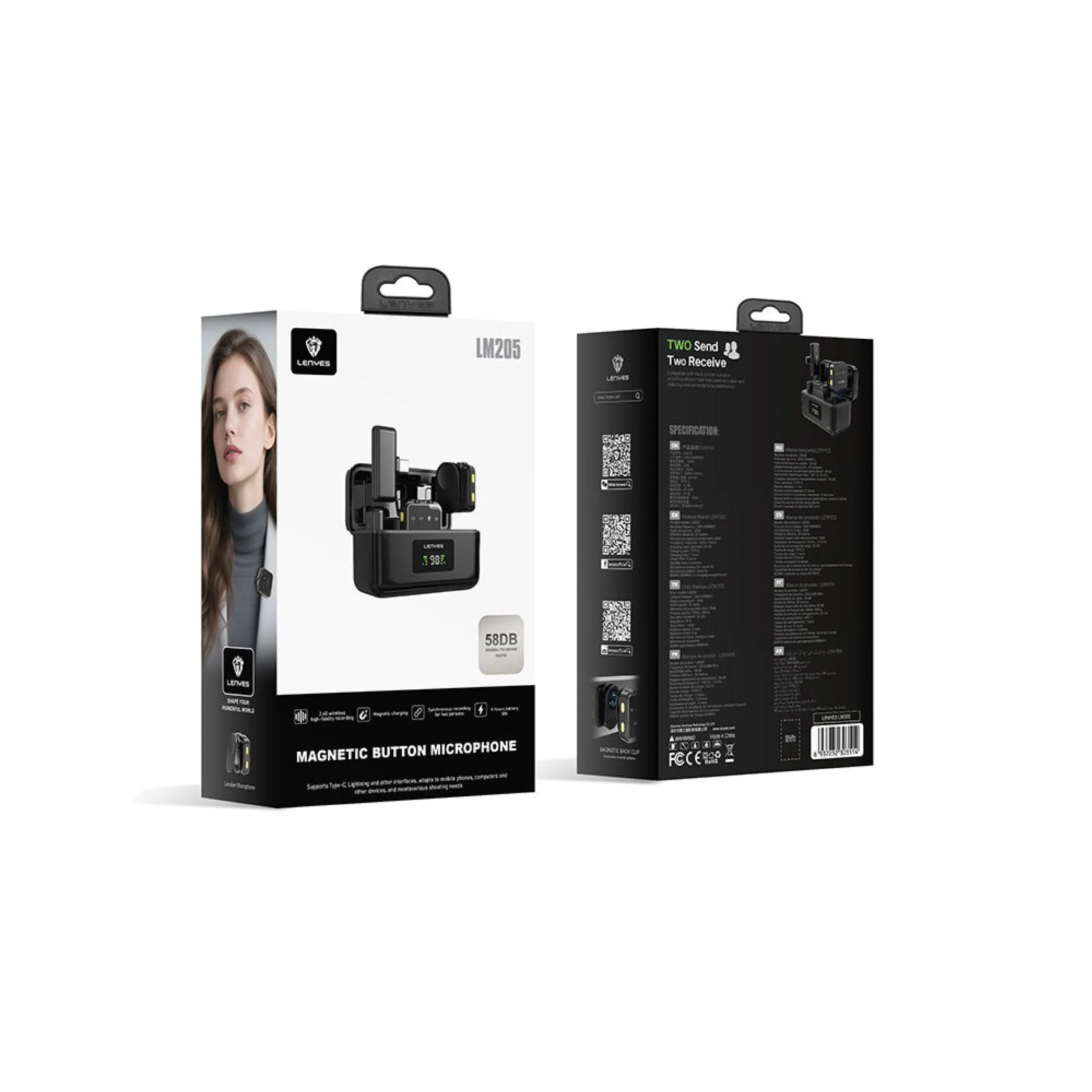 Lenyes LM205 2-in-1 Type-C & Lightning Connector Noise Cancelling Wireless Microphone