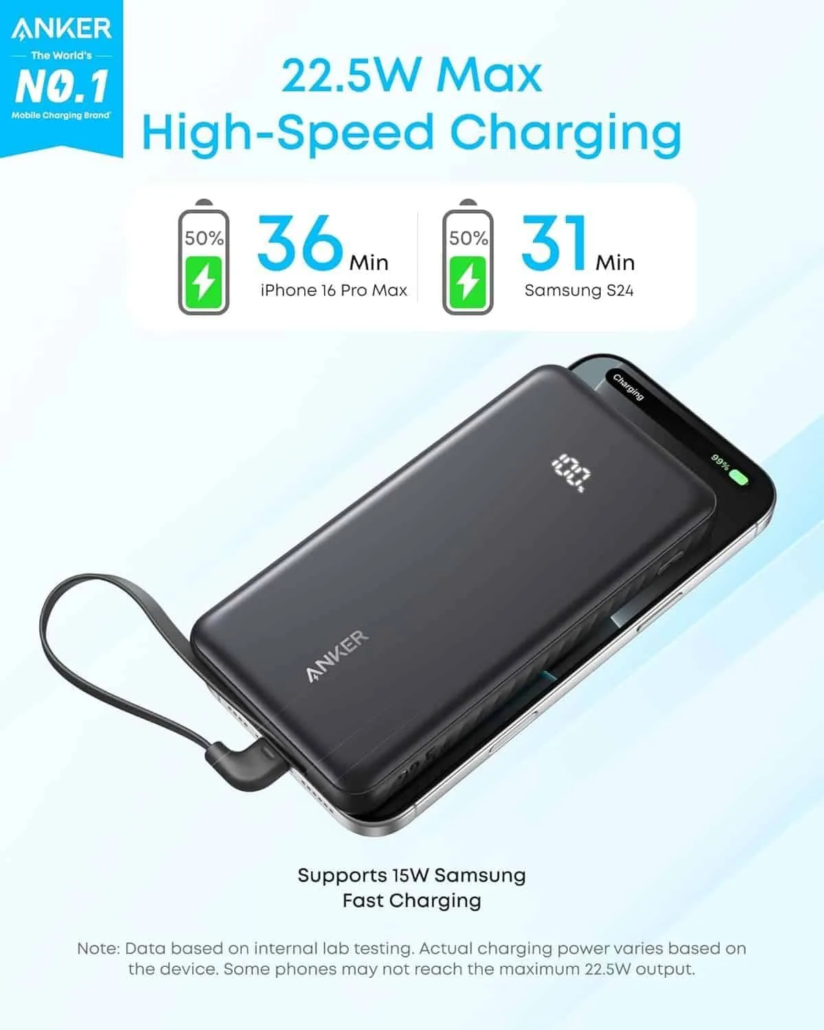 Anker Zolo Slim Power Bank with Built-in USB-C Cable - 10K, 22.5W