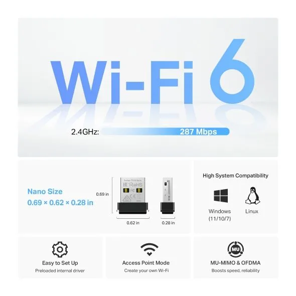 محوّل USB لاسلكي صغير TP-Link Archer TX1U Nano بتقنية Wi-Fi 6 AX300