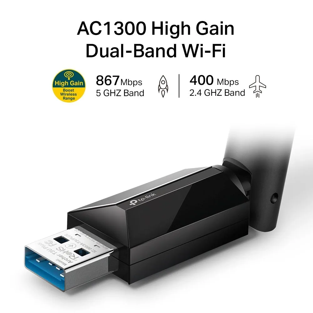 محوّل USB لاسلكي ثنائي النطاق TP-Link Archer T3U Plus بهوائي عالي الكسب AC1300