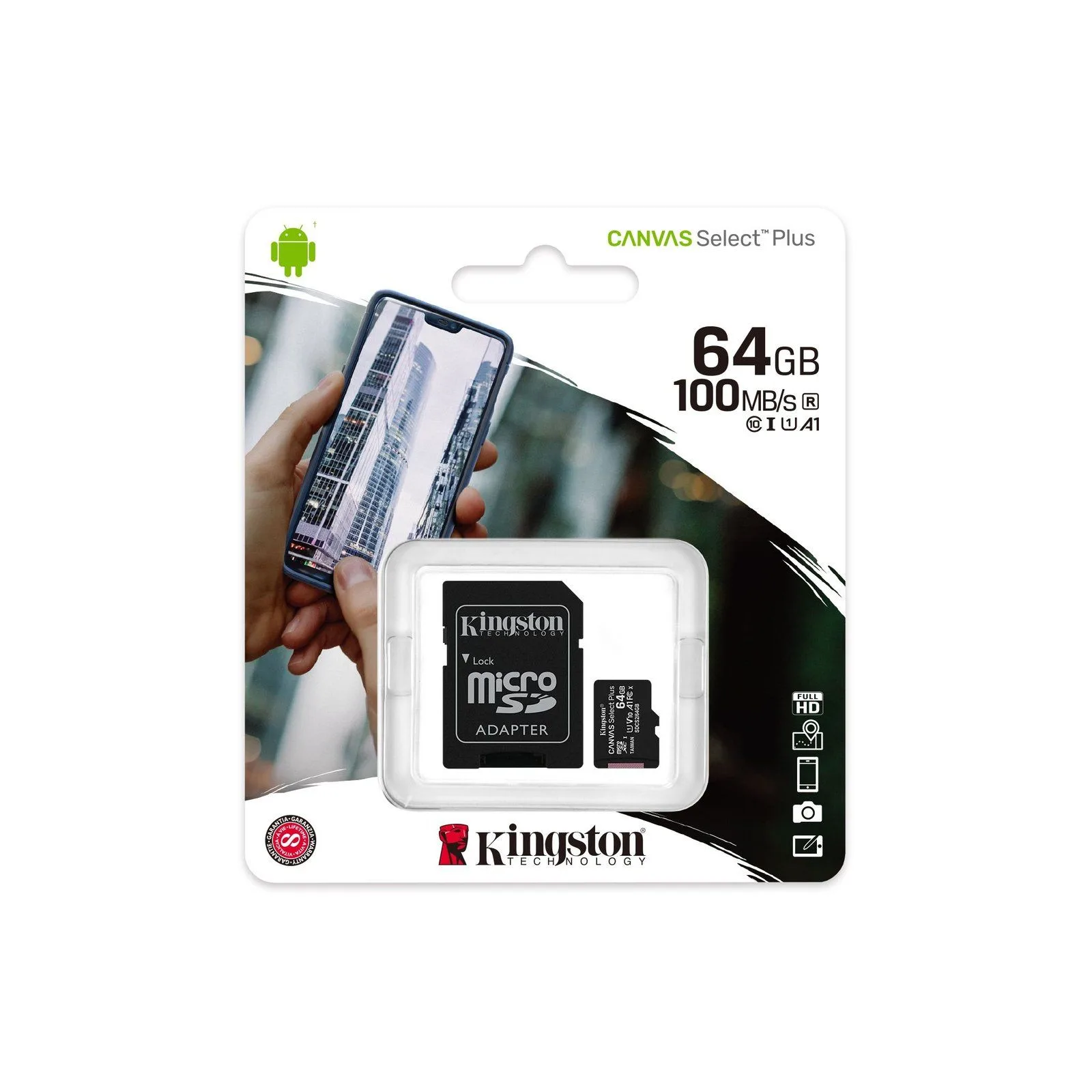Kingston SDCS2/64GB Memory Card MicroSD Canvas Select Plus 100R A1 C10 + Adaptor