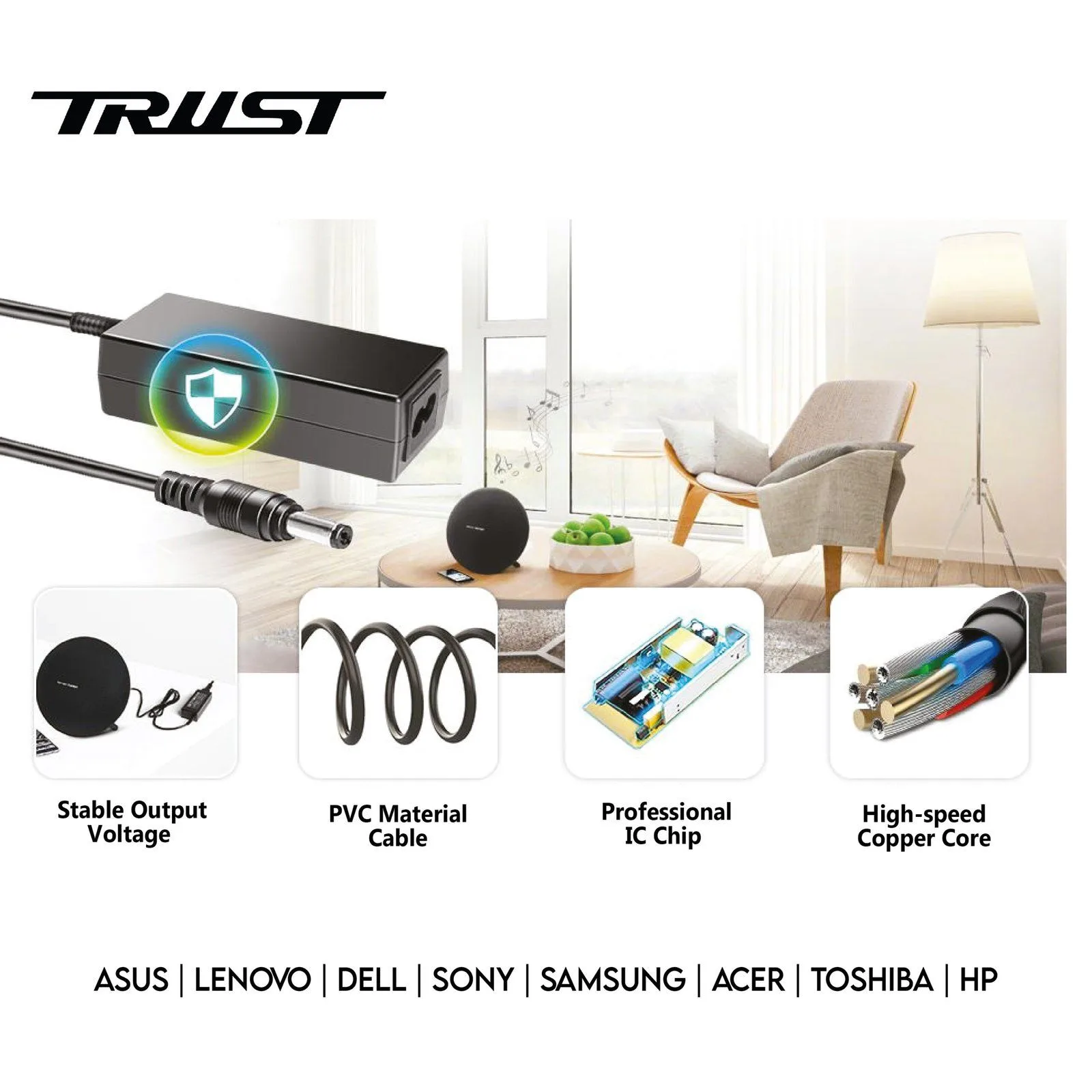 شاحن لابتوب متوافق A+ Trust لأجهزة DELL قدرة 65 واط 19.5 فولت - 4.62 أمبير / رأس 4.5×3.5 ملم